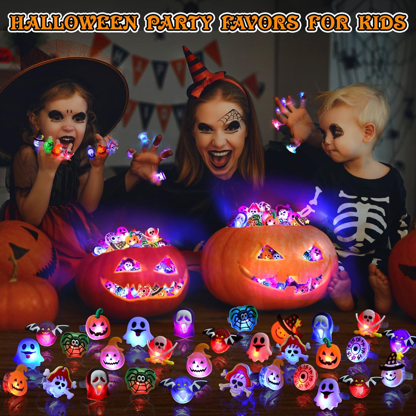 Coluans 50P Halloween LED Ring Light Up Rings - Glow in the Dark Party Favors for Kids, Non-Candy Gift Bag Fillers, NEW VERSION