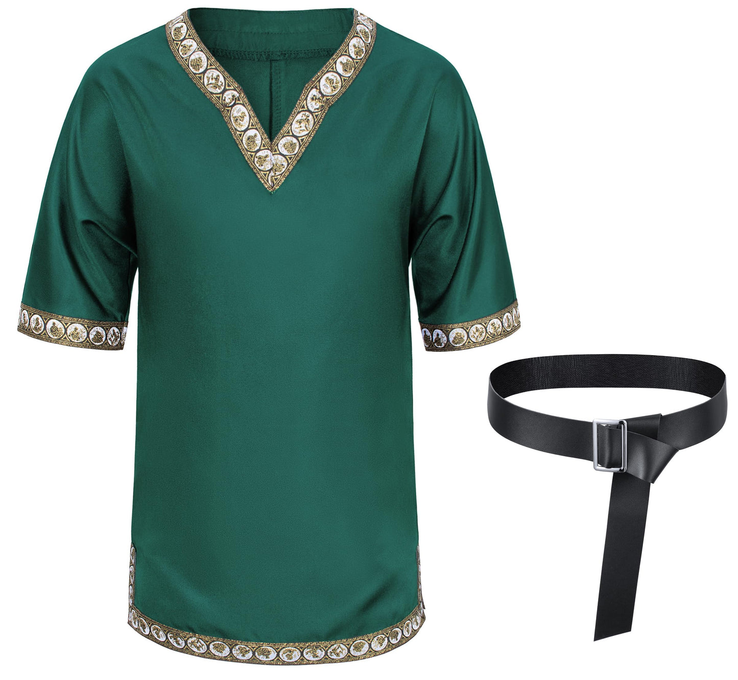 Kids Medieval Costume Boys Viking Tunic Knight Warrior Renaissance Shirts With Belt 8-10 Years Green