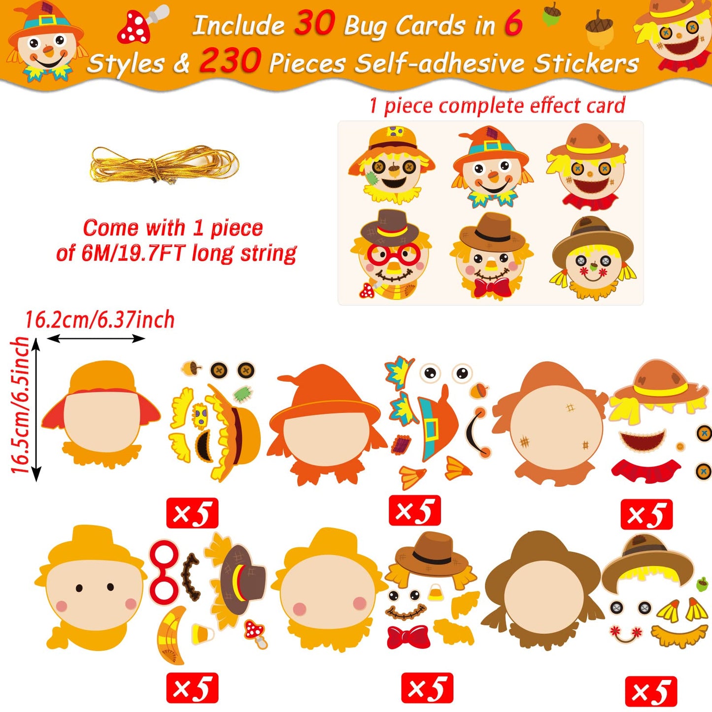 Chiazllta 30 Pcs Fall Thanksgiving Craft Kits Diy Scarecrow Craft For Kindergarten Kids, Fall Autumn Art Craft Make Your Own Sca