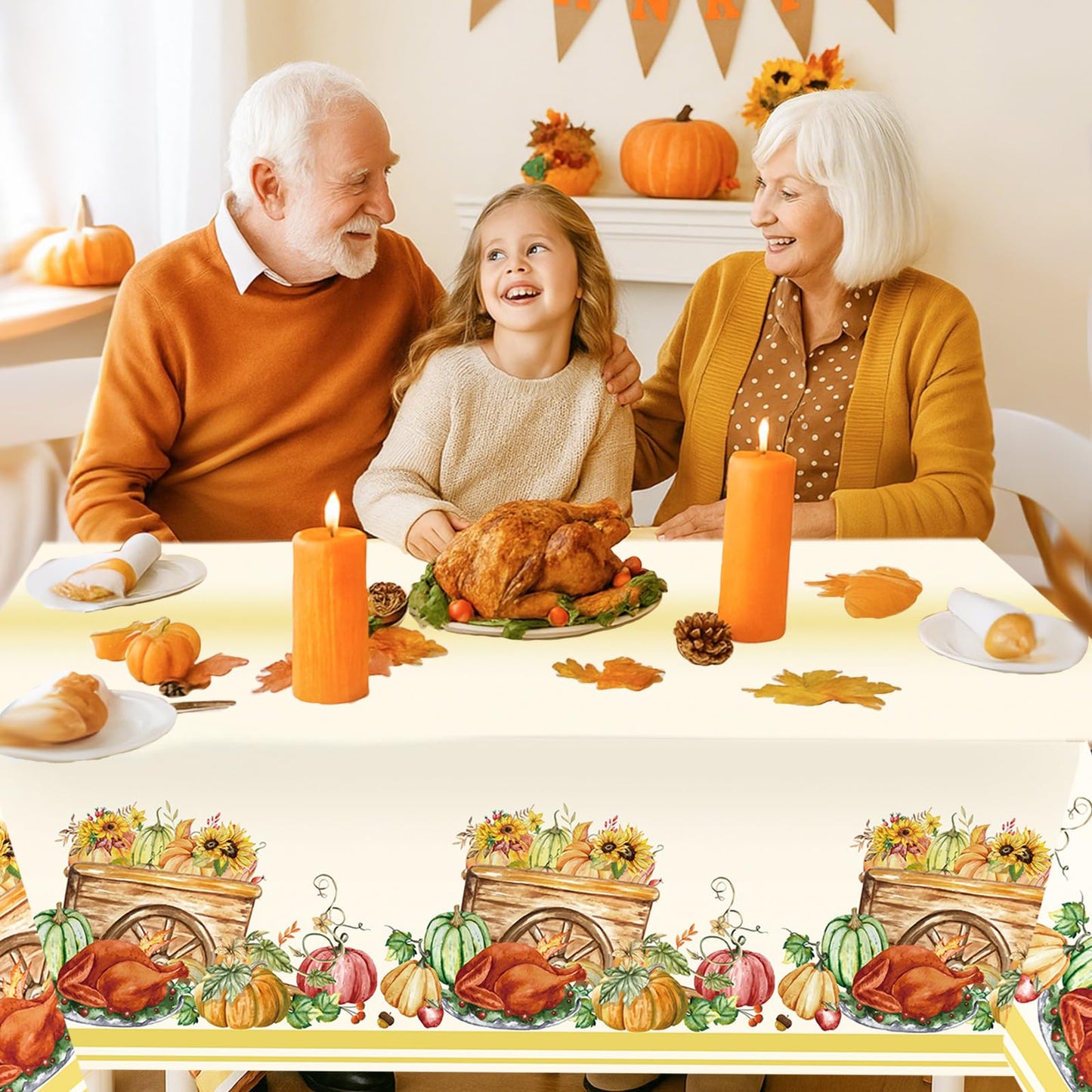 3PCS Fall Tablecloths, Thanksgiving Autumn Harvest Orange Pumpkin Flower Turkey Table Cover for Home Kitchen Party Picnic Thanks
