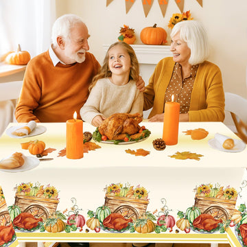 3PCS Fall Tablecloths, Thanksgiving Autumn Harvest Orange Pumpkin Flower Turkey Table Cover for Home Kitchen Party Picnic Thanks