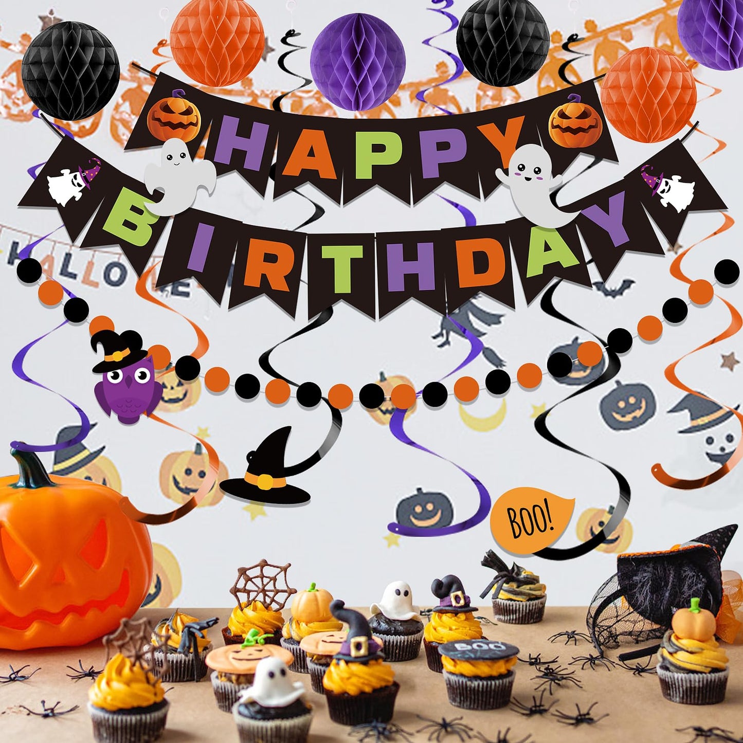 meowtastic Halloween Birthday Decorations - Happy Birthday Banner with Honeycomb Ball, Halloween Hanging Swirl Streamer, Circle