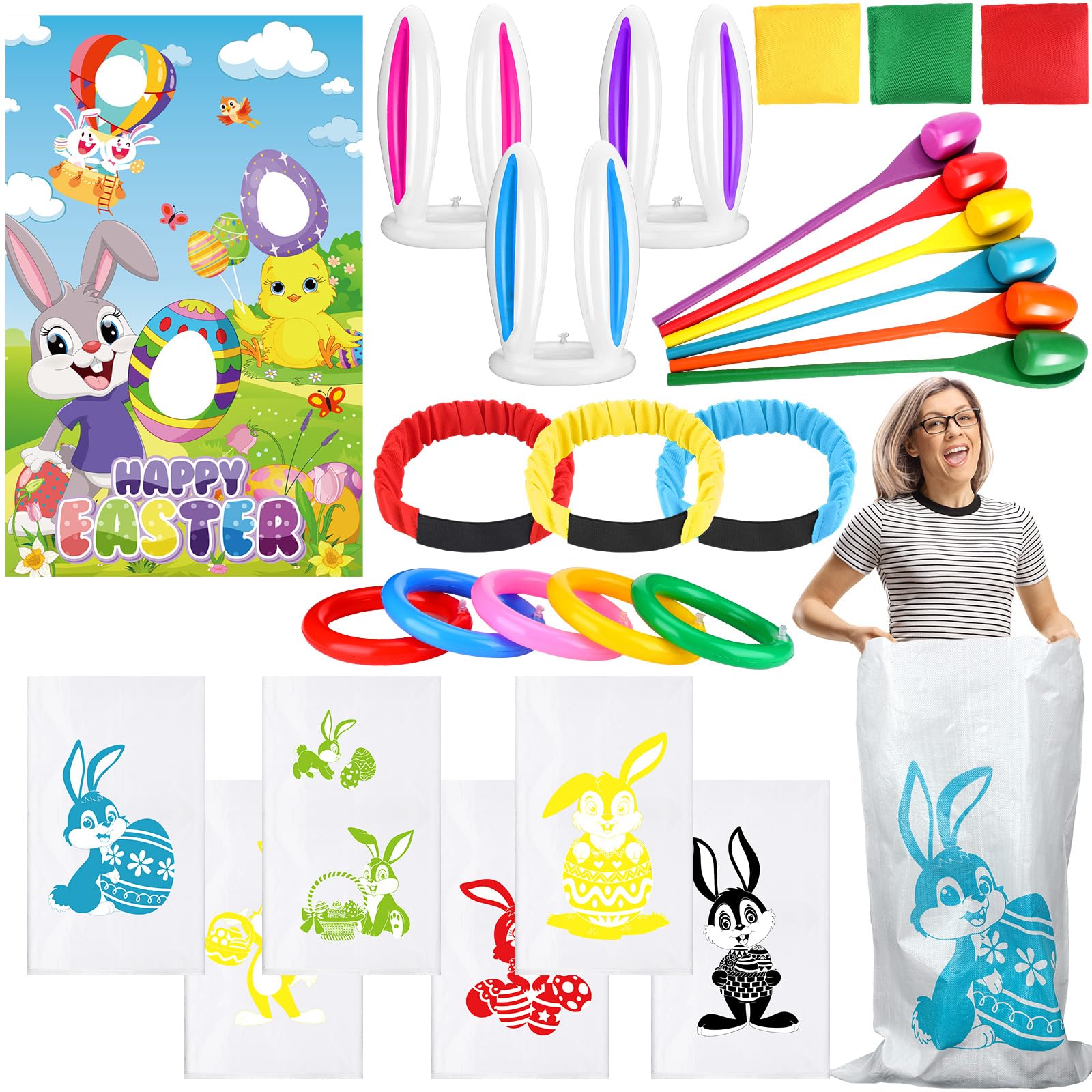 JellyArch 34 Pcs Easter Outdoor Toss Party Games Includes Potato Sack Race Jumping Bags Egg Spoon Race Inflatable Bunny Ring Tos