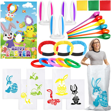 JellyArch 34 Pcs Easter Outdoor Toss Party Games Includes Potato Sack Race Jumping Bags Egg Spoon Race Inflatable Bunny Ring Tos