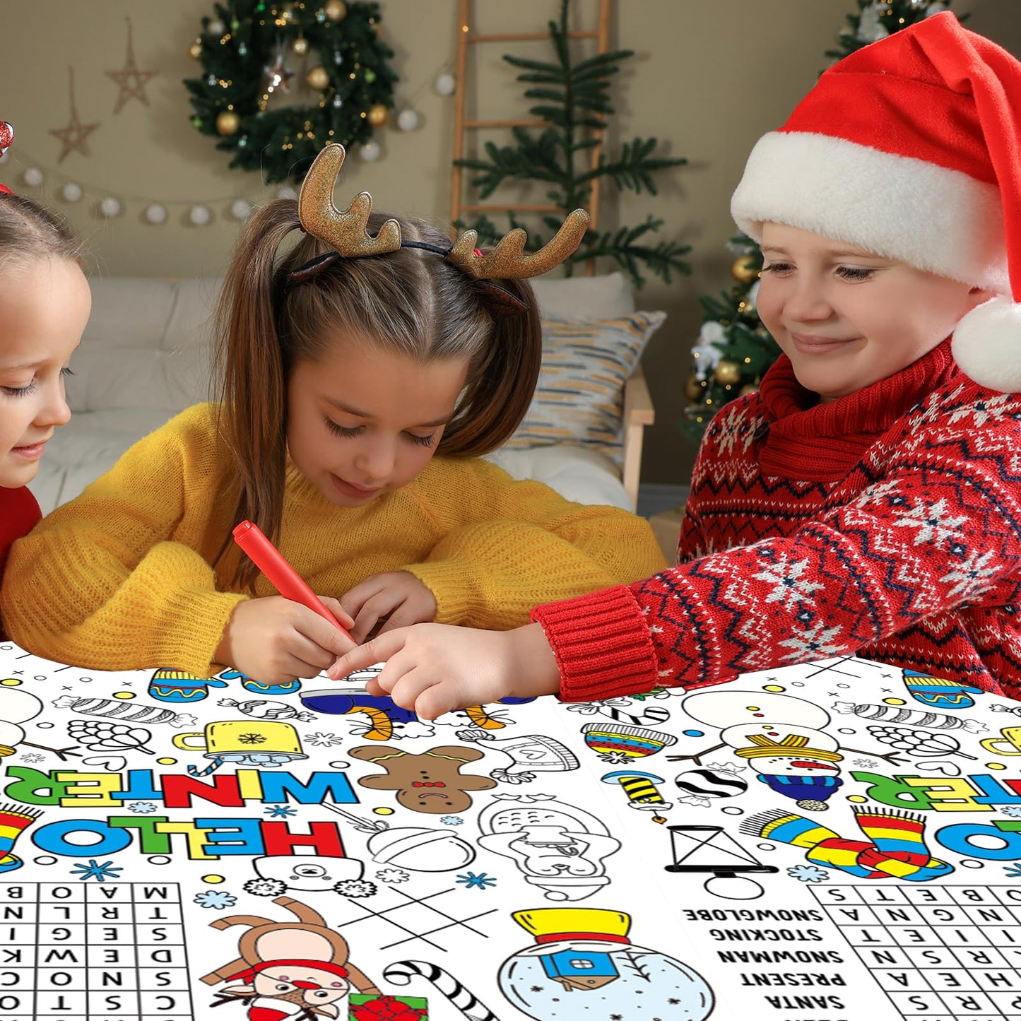 Giant Winter Coloring Tablecloth for Kids Snowman World Posters Activity Large Penguin Bear Color-in Paper Poster Table Cover fo