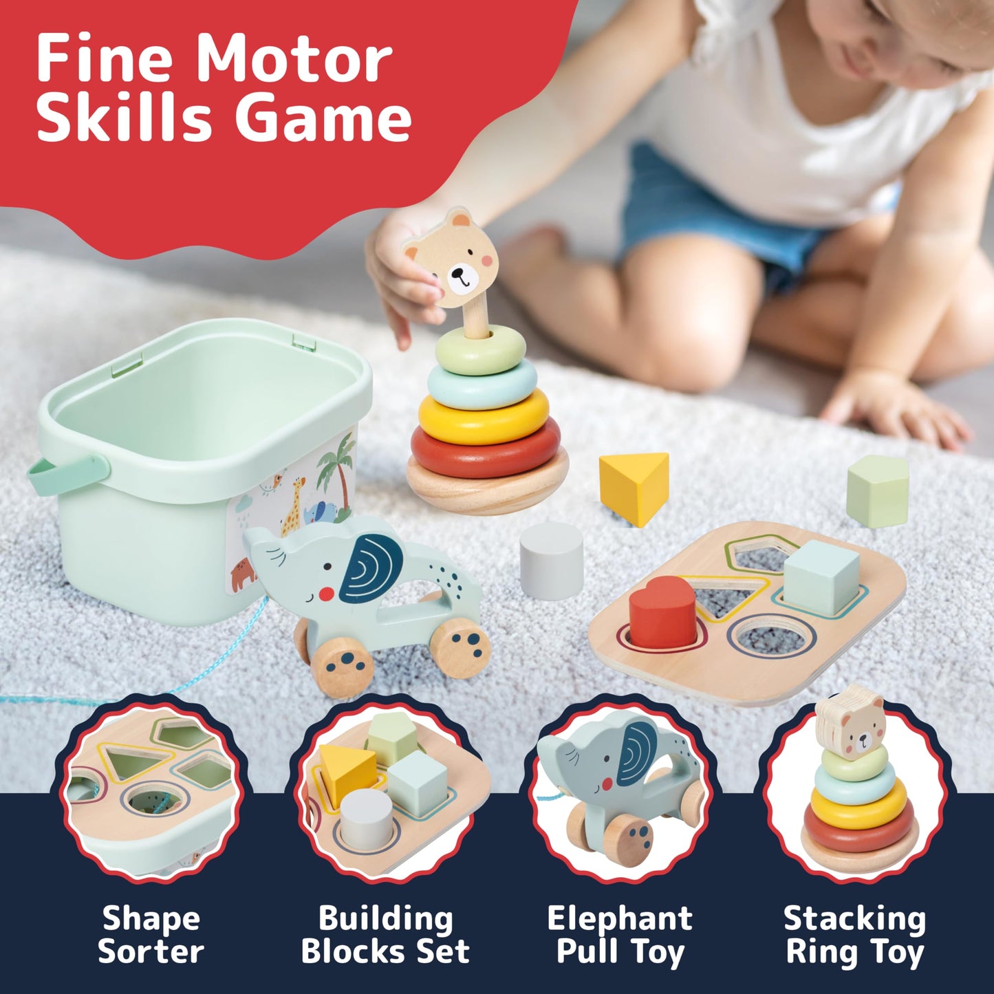 Prextex 3-In-1 Wooden Sorting And Stacking Toys - Includes 3D Shapes Sorting Box, 5 Stacking Rings With Bear, Elephant With Whee
