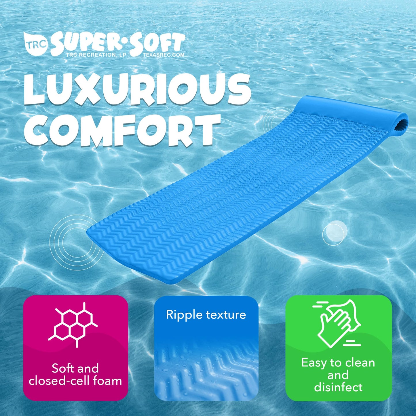TRC Recreation Foam Swimming Pool Float Mat, 1.5” Thick, Vinyl Coated, Adult Lounger, Bahama Blue, Model 8070026-K