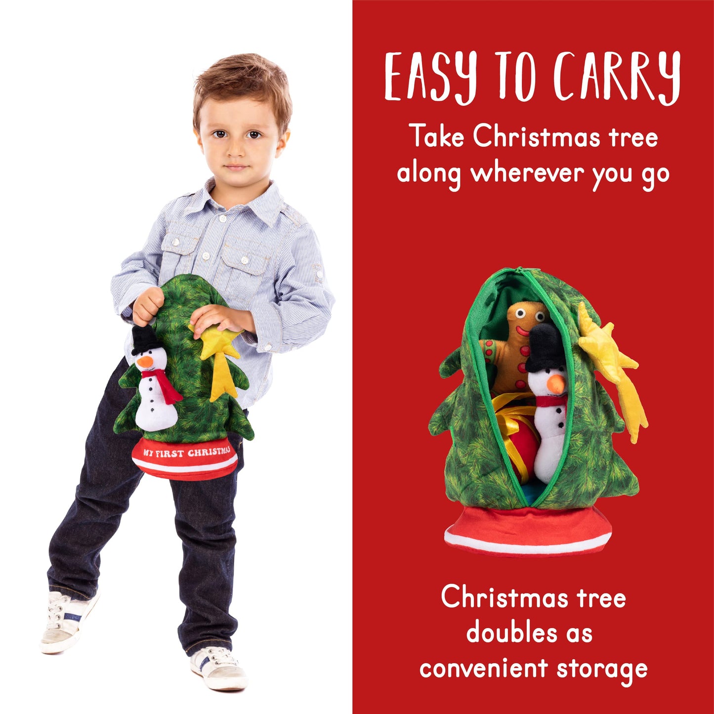Singing Christmas Tree Plush Set | Includes 4 Soft Plush Ornaments With Plush Christmas Tree Shaped Carrier | Toy Christmas Tree