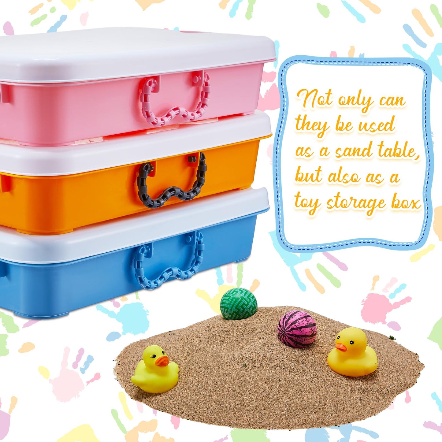 Suzile 3 Pcs Small Portable Sand Tray With Lid, Colorful Plastic Sand Box With Handles, 14.96 X 9.84 X 3.35 Inches, 3 Colors (Bl
