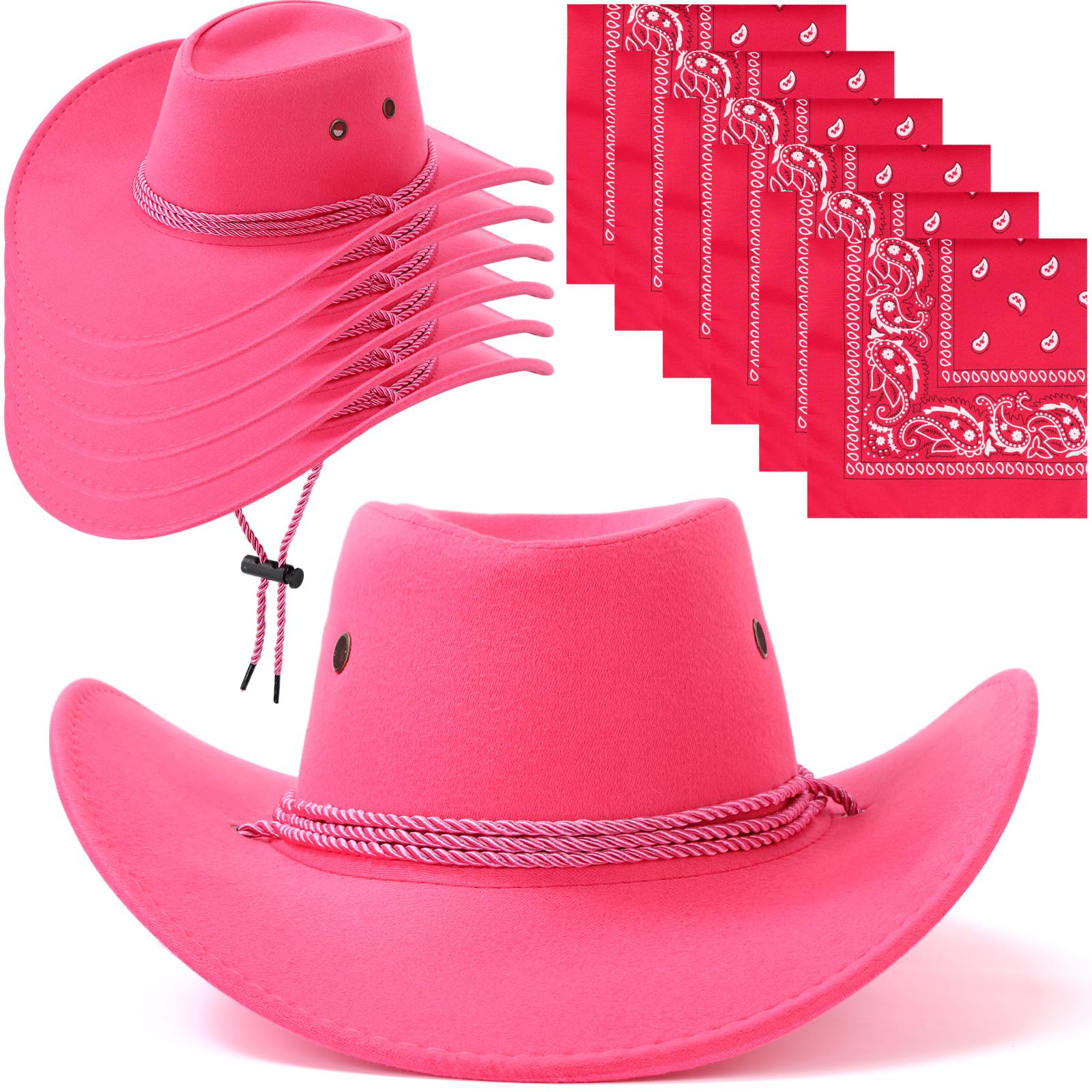Zhanmai 12 Pcs Cowboy Hat and Bandana Cowboy Cowgirl Hats Bulk Western Party Costume Halloween Accessory(Rose Red,Polyester)
