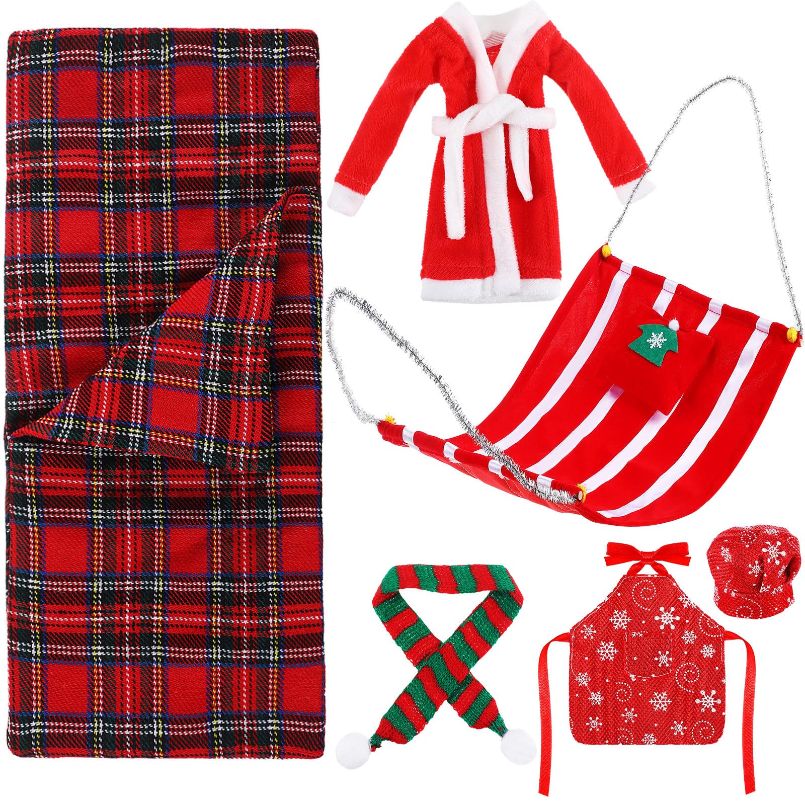 Christmas Elf Doll Accessories Set Includes Christmas Plaid Sleeping Bag Plush Nightgown Apron Chef Hat Scarf And Hammock For Ch