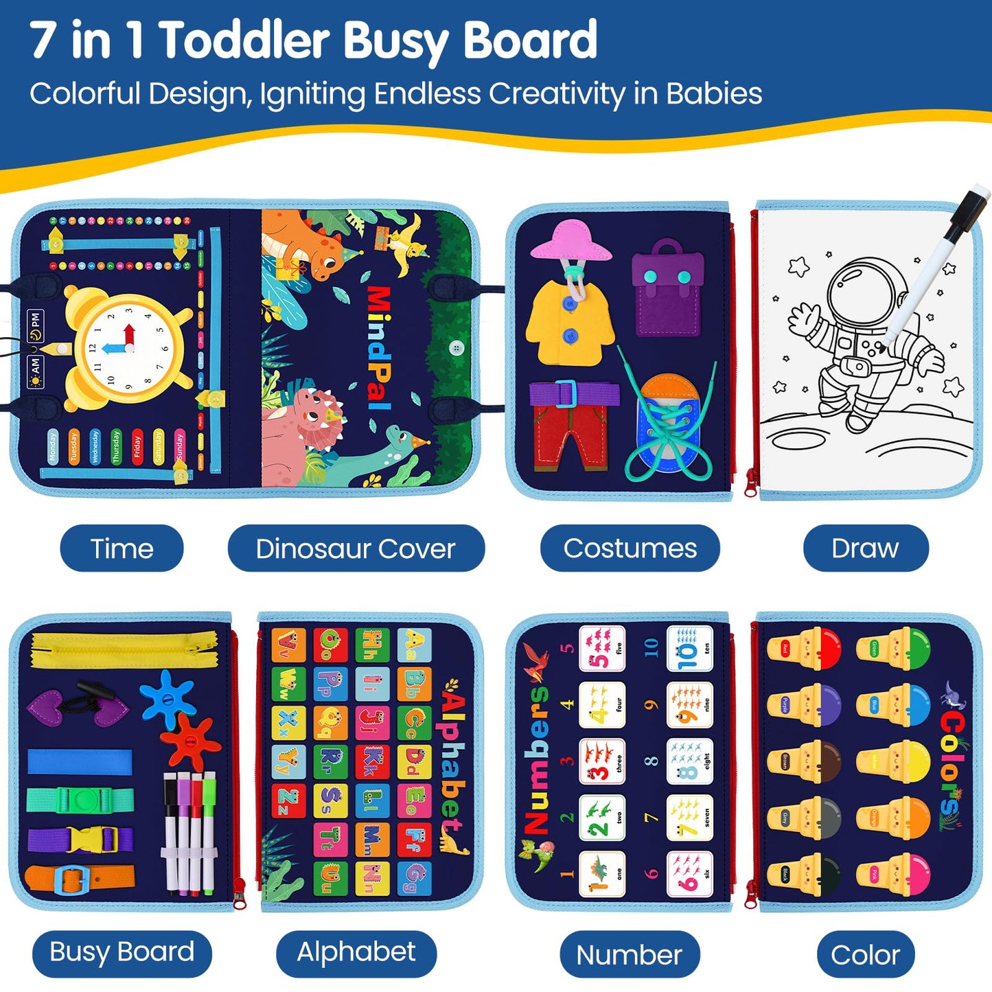 Mindpal Busy Board, Montessori Toy For Over 3 Year Old, Toddlers Educational Activity Developing Sensory Board For Fine Basic Dr