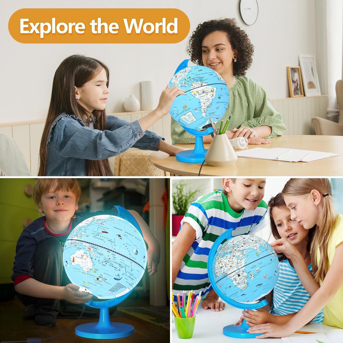 Jowhol Illuminated Globe For Children With Animals Illustrations Easy To Read - 8'' Small World Globe For Kids Learning Geograph