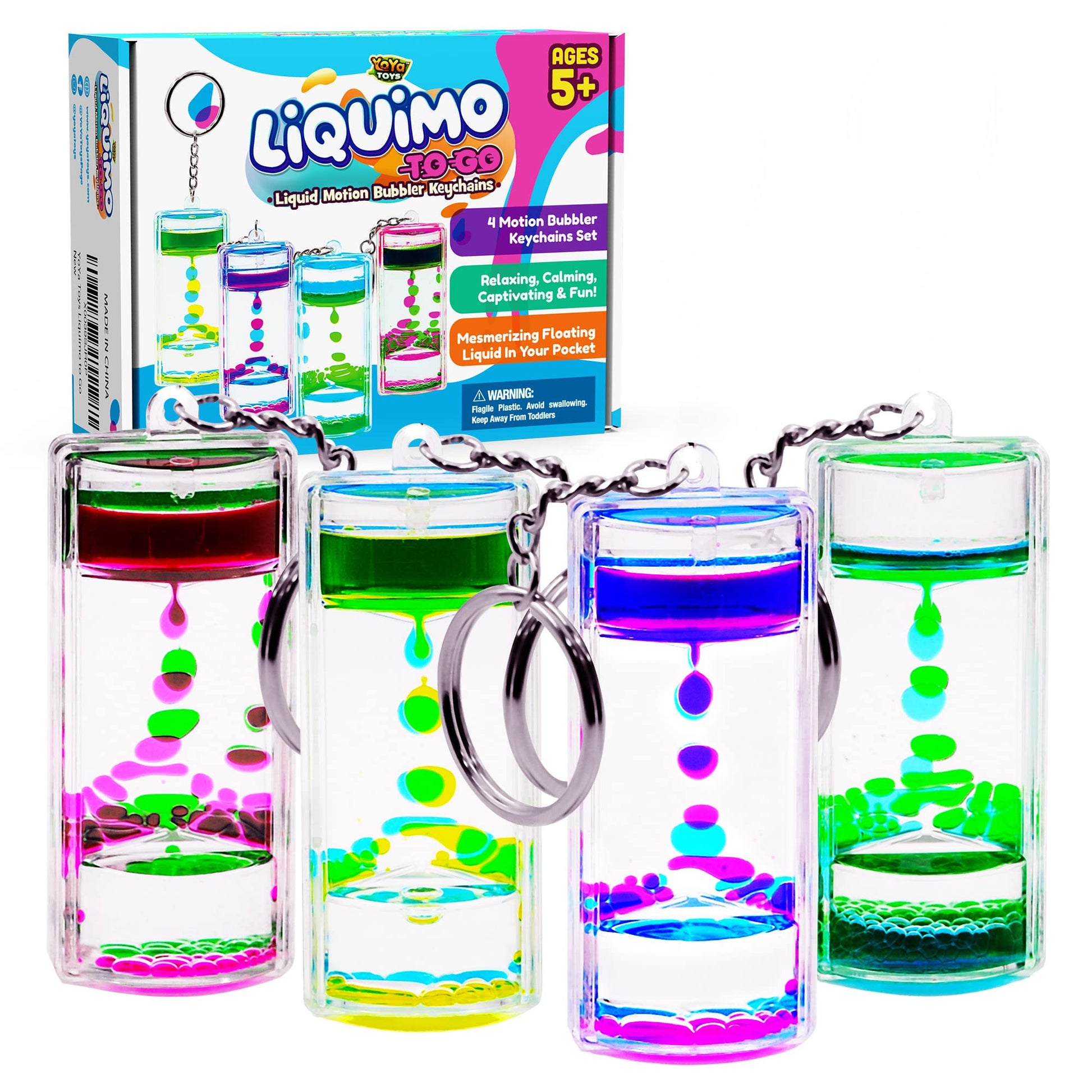 YoYa Toys Liquimo to Go Sensory Toys for Kids - Set of 4 Liquid Motion Bubbler Keychains - Liquid Timer for Sensory Play  Calming Toy for Kids  Fidget Keychain  Stress Relief Gifts and Party Favors-New