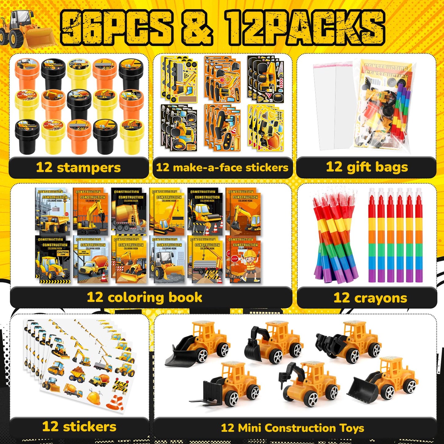 BenLouis 84Pcs Construction Party Favors Excavator Theme Coloring Books Crayons Sticker Set Bulk for Kids Construction Birthday