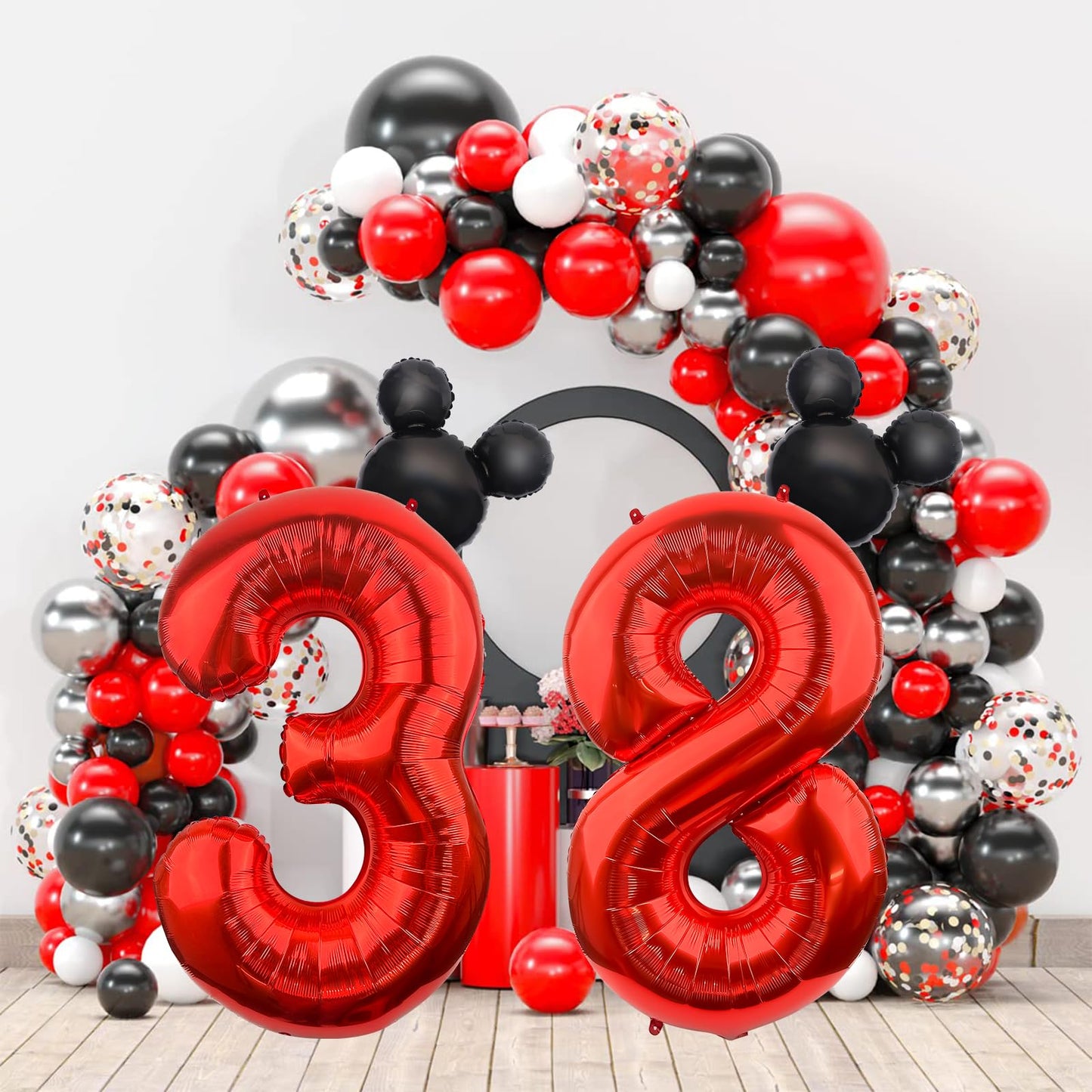Lebery Mouse Number 8 Balloon 40 Inch Red Number 8 Balloon Mini Mouse Head Balloon For 8Th Birthday Party, Black Red Large Number 8 Foil Balloon For Baby Shower Anniversary Supplies Decorations