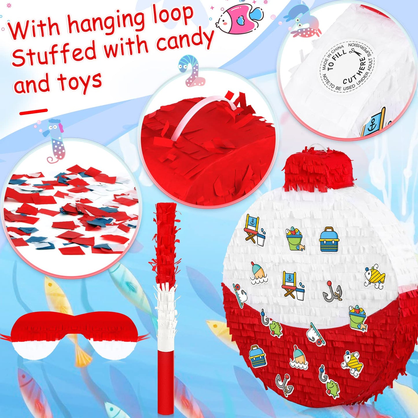 Large Fishing Bobber Piata 19.7 Inch Fishing Birthday Party Decorations Gone Party Supplies with a Blindfold and Bat Confetti St