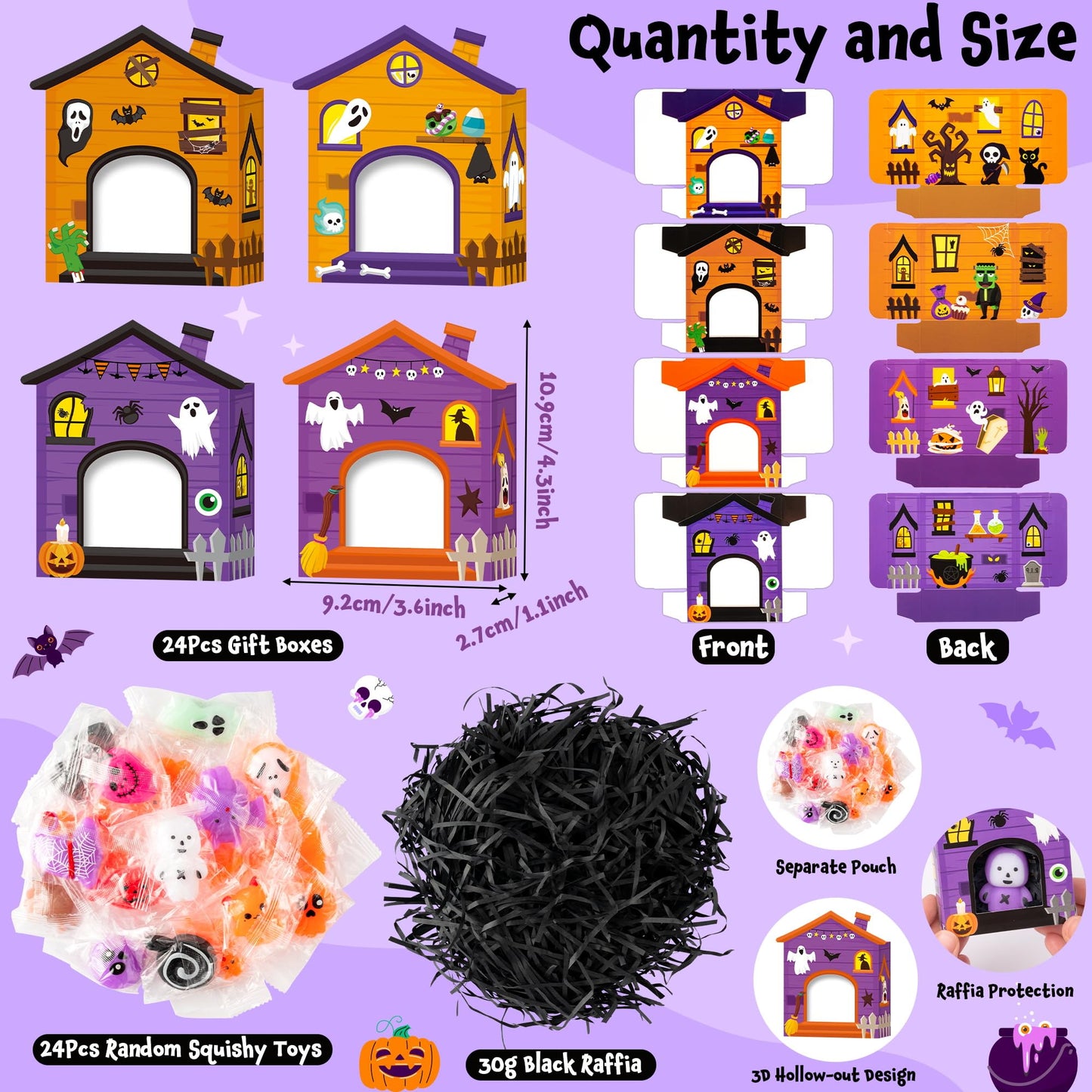 CY2SIDE 24 Pack Halloween Squishy Toys with Haunted House Gift Box and Raffia Filler for Kid  Halloween Miniature Novelty Toy Trick or Treat Goodie Bag Stuffed Party Favor for School Reward Supplies