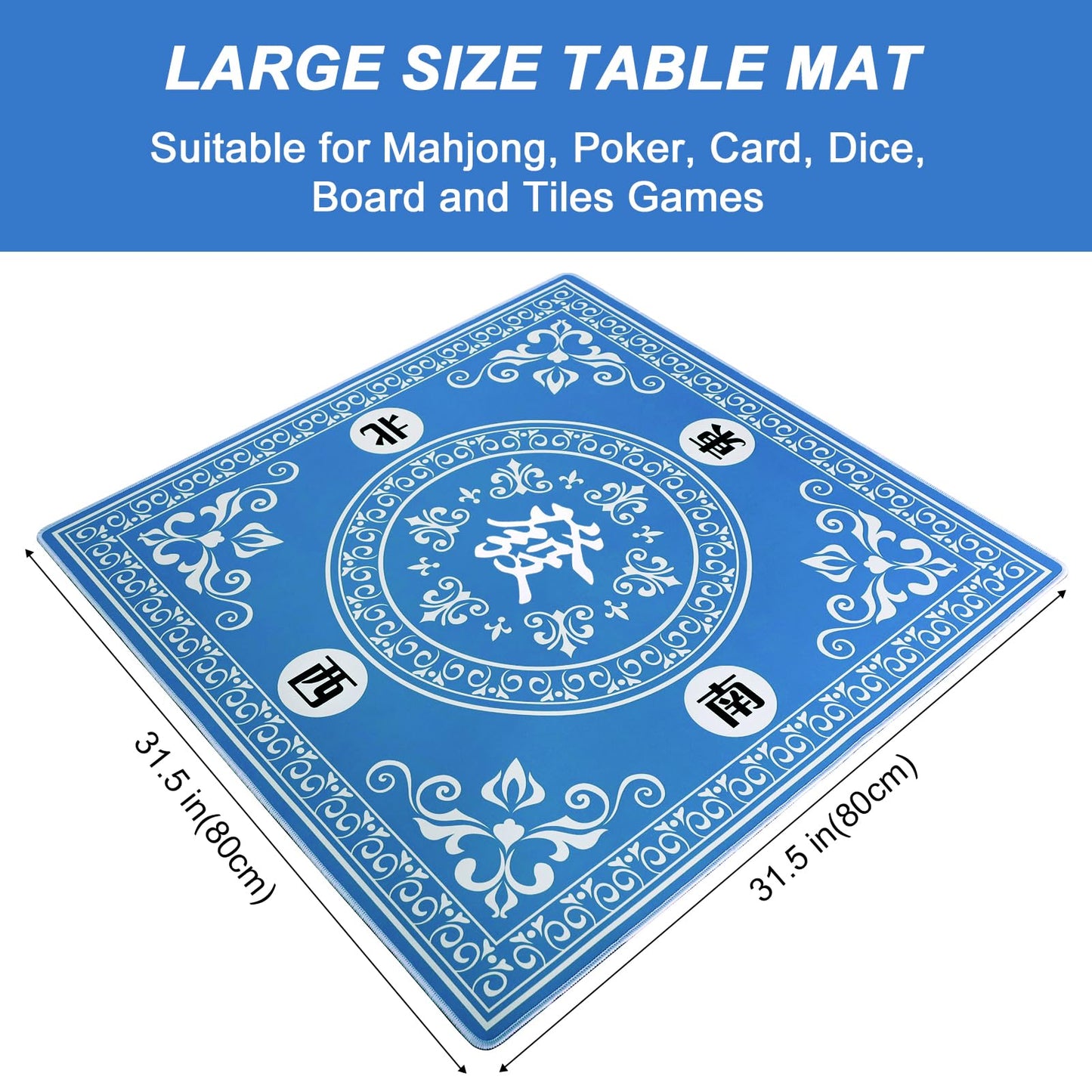 GUSTARIA Mahjong Mat - 31.5"x31.5" Blue Rubber Anti-Slip with 3 Dice & Carrying Bag for Board Games