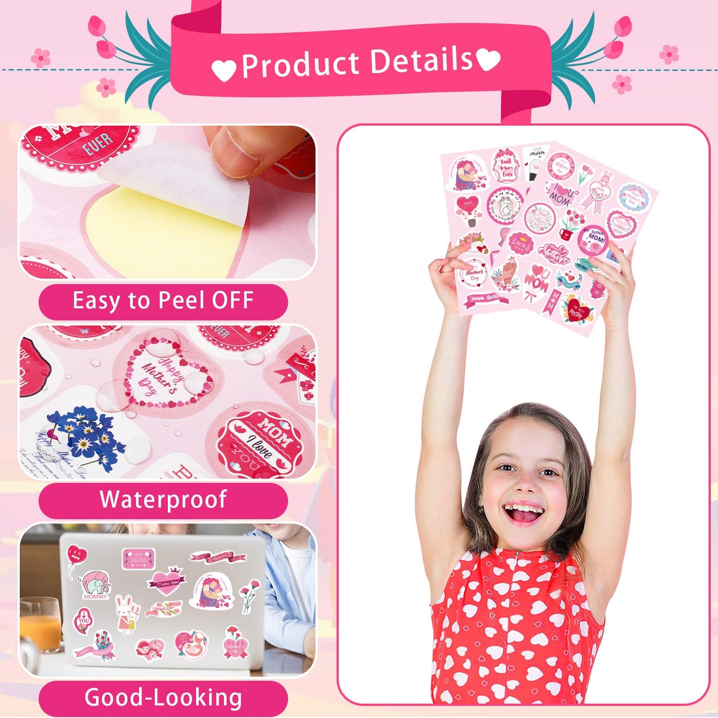 JULMELON 480PCS Happy Mothers Day Stickers, 30 Sheets Cute Mom Stickers Bulk Mothers Day Labels Stickers for Cards Envelopes DI
