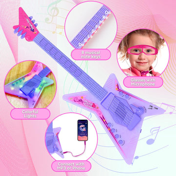 Guitar And Microphone Play Set For Girls,Kids Music Toys,Karaoke Machine With Music&Light,Music Instruments For Toddlers,Educati