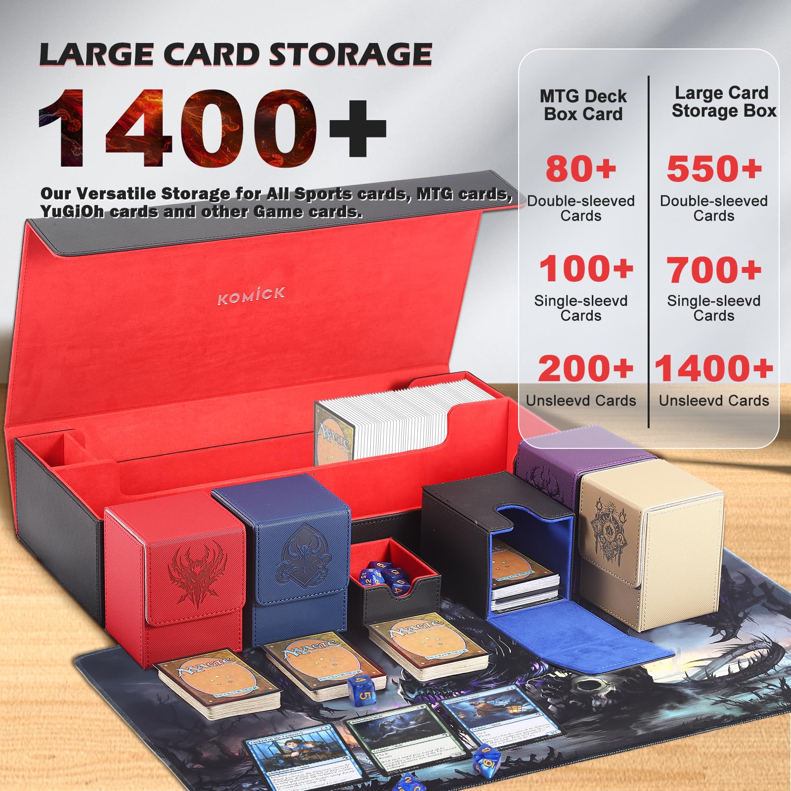 Komick Ultimate 6-In-1 Card Deck Box Set With Playmat Dice Tray, Large Card Storage Box With 5 PCS MTG Storage Box Holds 2400+ U Komick Ultimate 6-In-1 Card Deck Box Set With Playmat Dice Tray, Large Card Storage Box With 5 PCS MTG Storage Box Holds 2400+ U