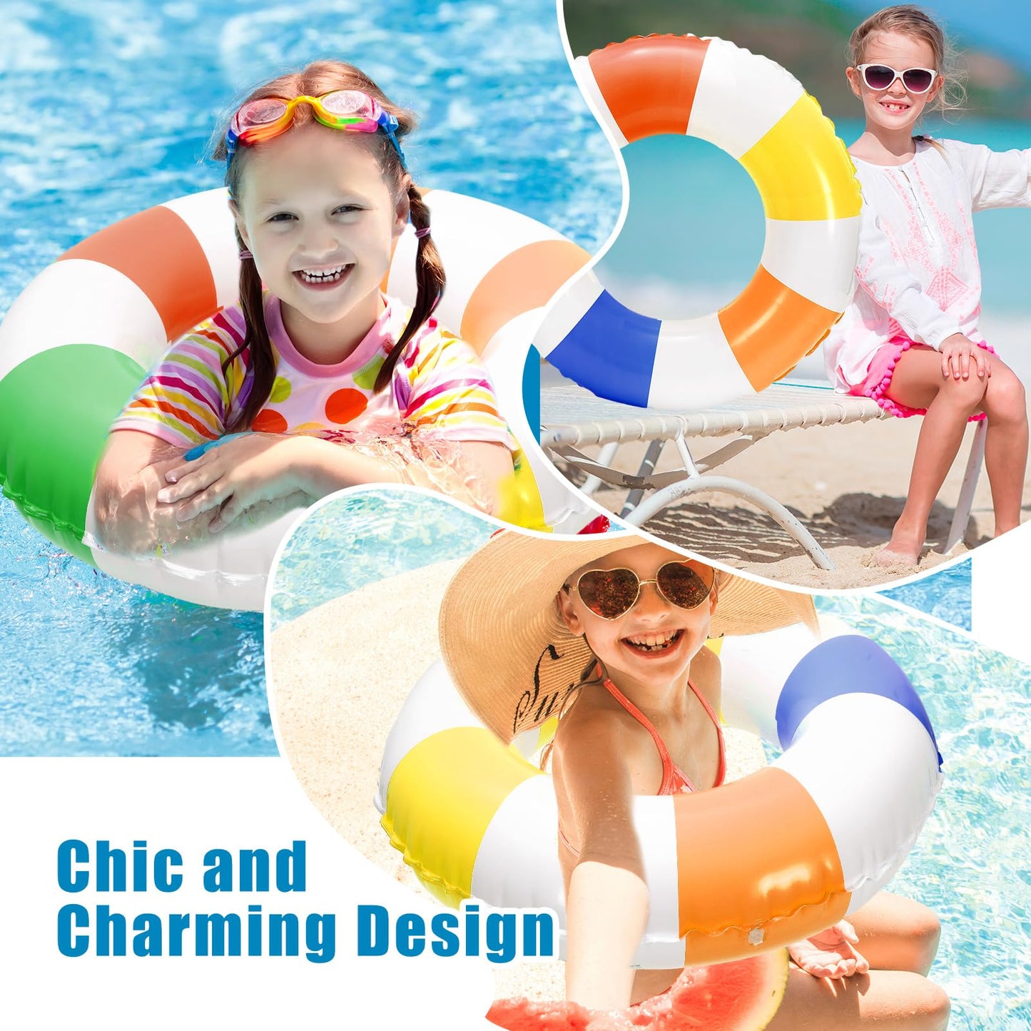 Whaline 4Pcs Rainbow Color Inflatable Swimming Float Toy Striped Swim Ring Fun Print Pool Lounger Tube for Teen Boy Girl Summer Swimming Beach Party  22.8 Inch