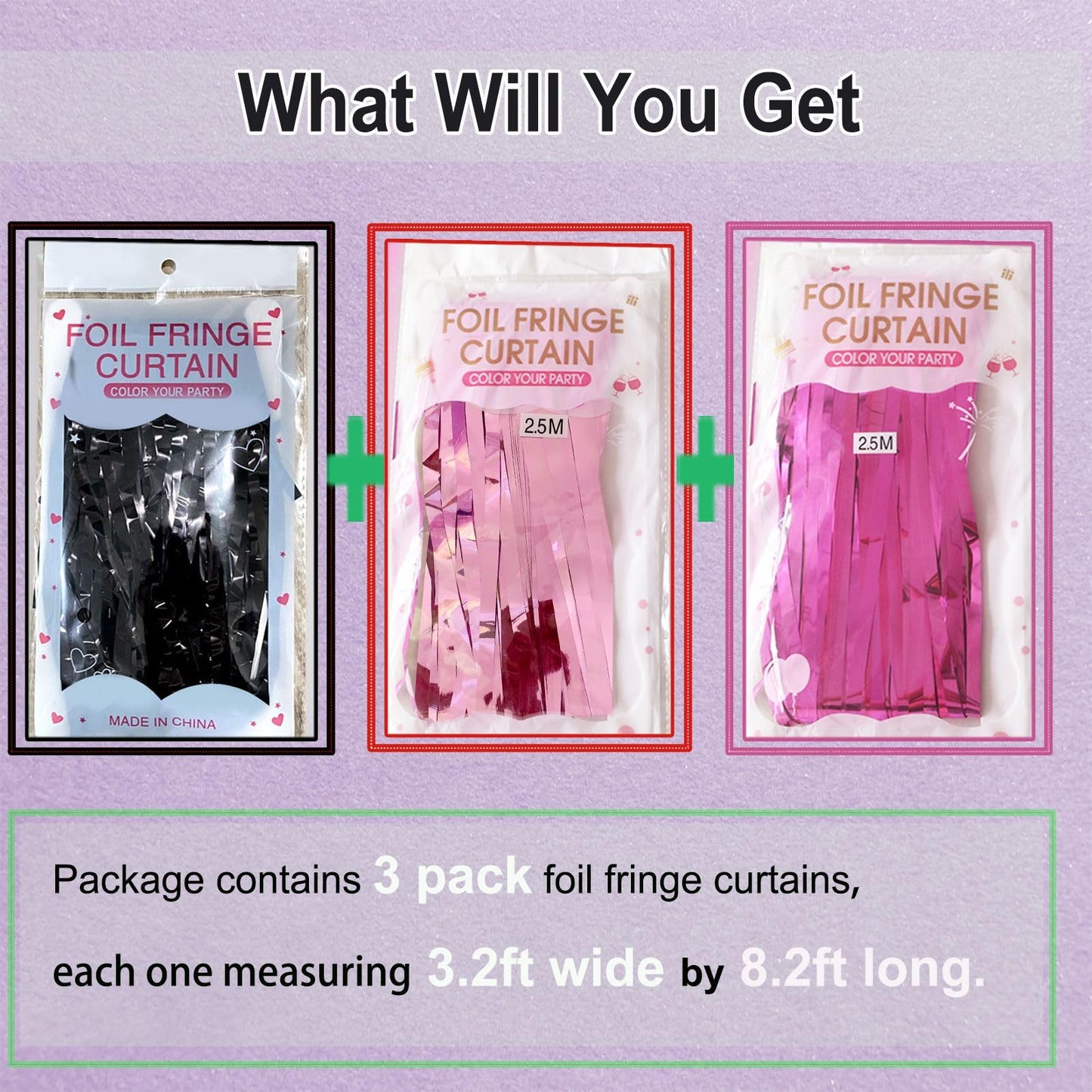 EUFARS Pink and Black Birthday Decorations - 3 Pack of 3.2x8.2ft Black Pink Fuchsia Tinsel Fringe Backdrop Streamers Curtains fo