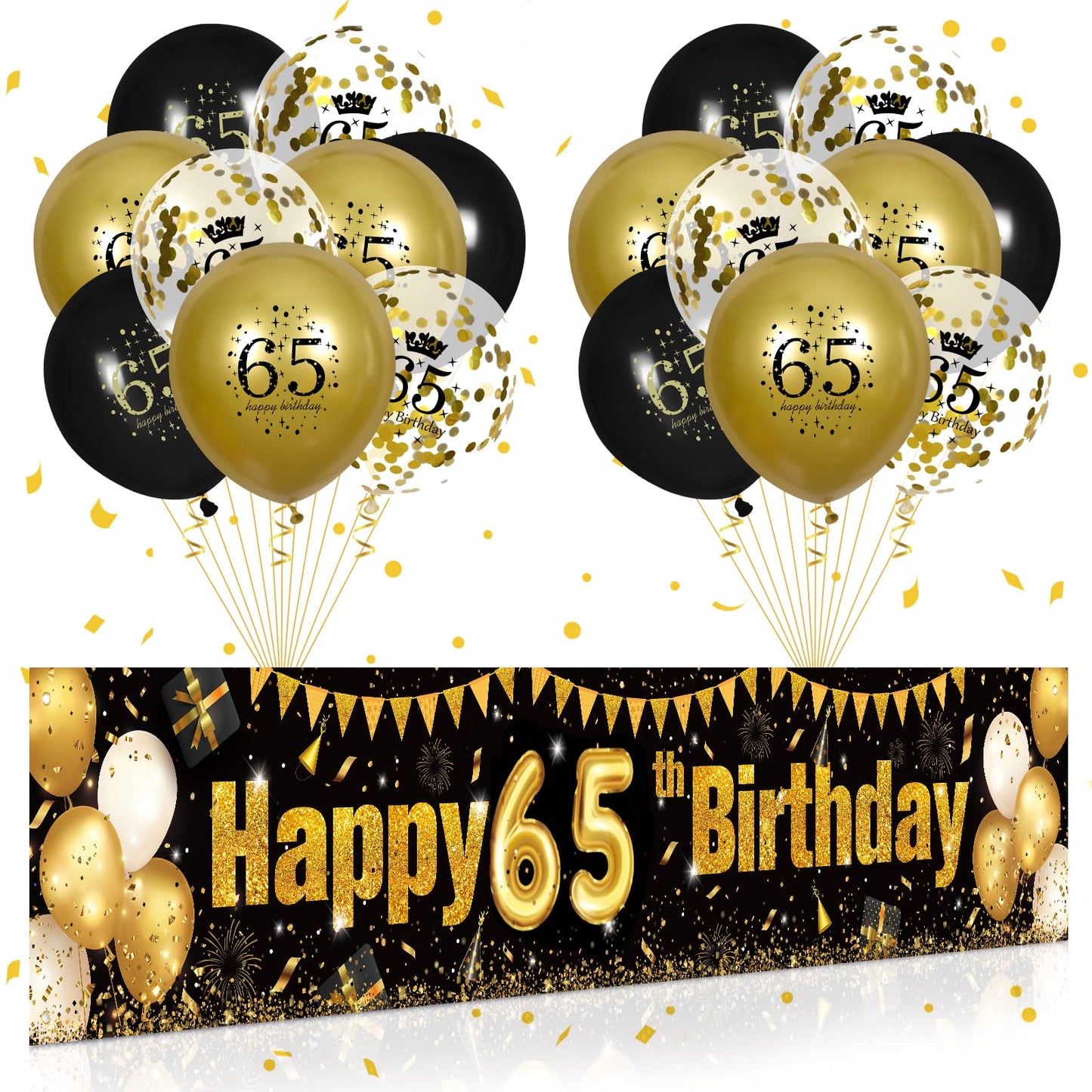 65Th Birthday Decorations For Men Women Black And Gold, Black Gold Birthday Yard Banner Sign And 18 Pcs 65Th Happy Birthday Balloons For 65Th Anniversary Birthday Party Supplies Outdoor Yard Decor