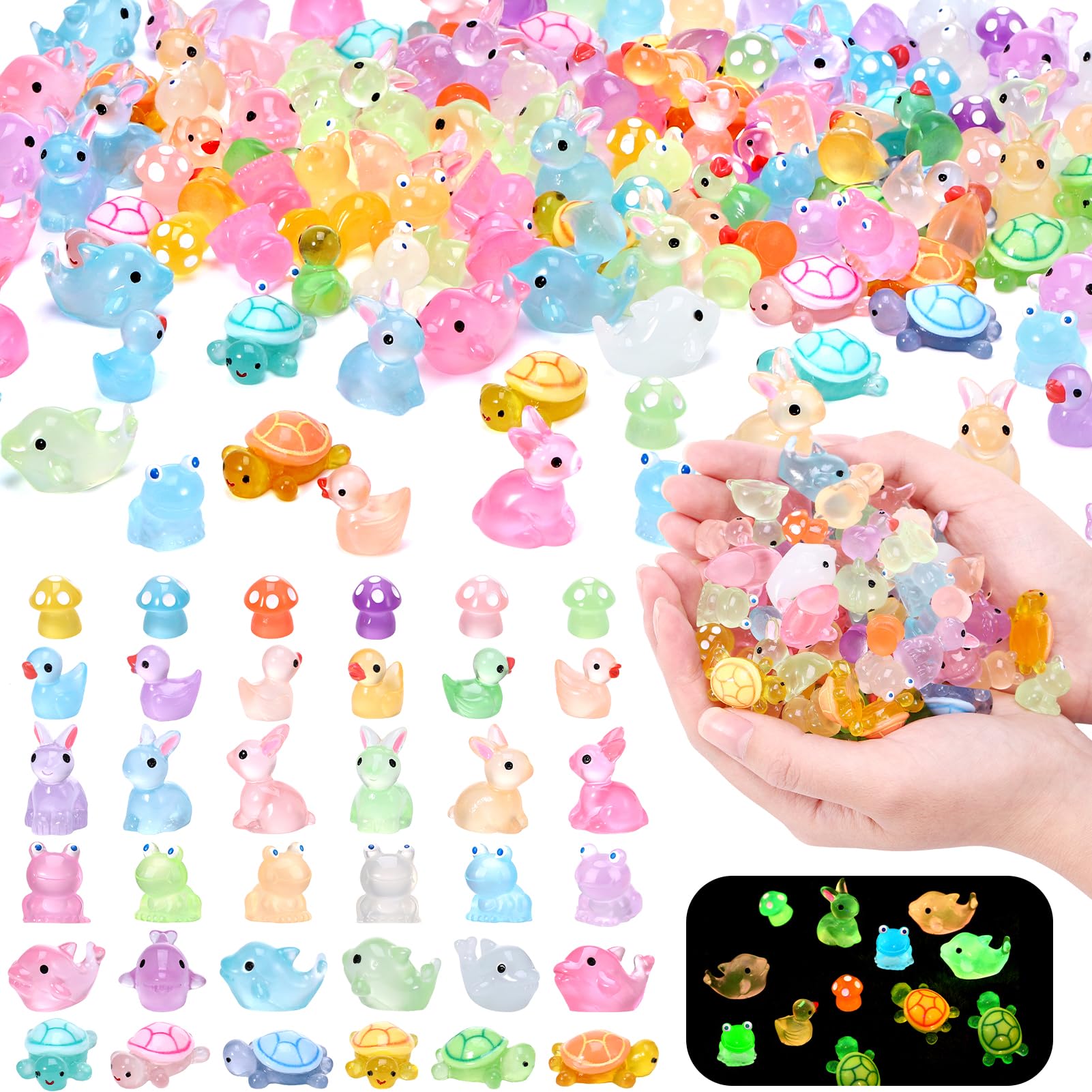 GGSTDDUP 144pcs Luminous Mini Resin Ducks  Dolphin  Turtle  Rabbit  Frog  Mushroom  Resin Animals Glow in The Dark for Dollhouse Garden Decoration (6 Styles)