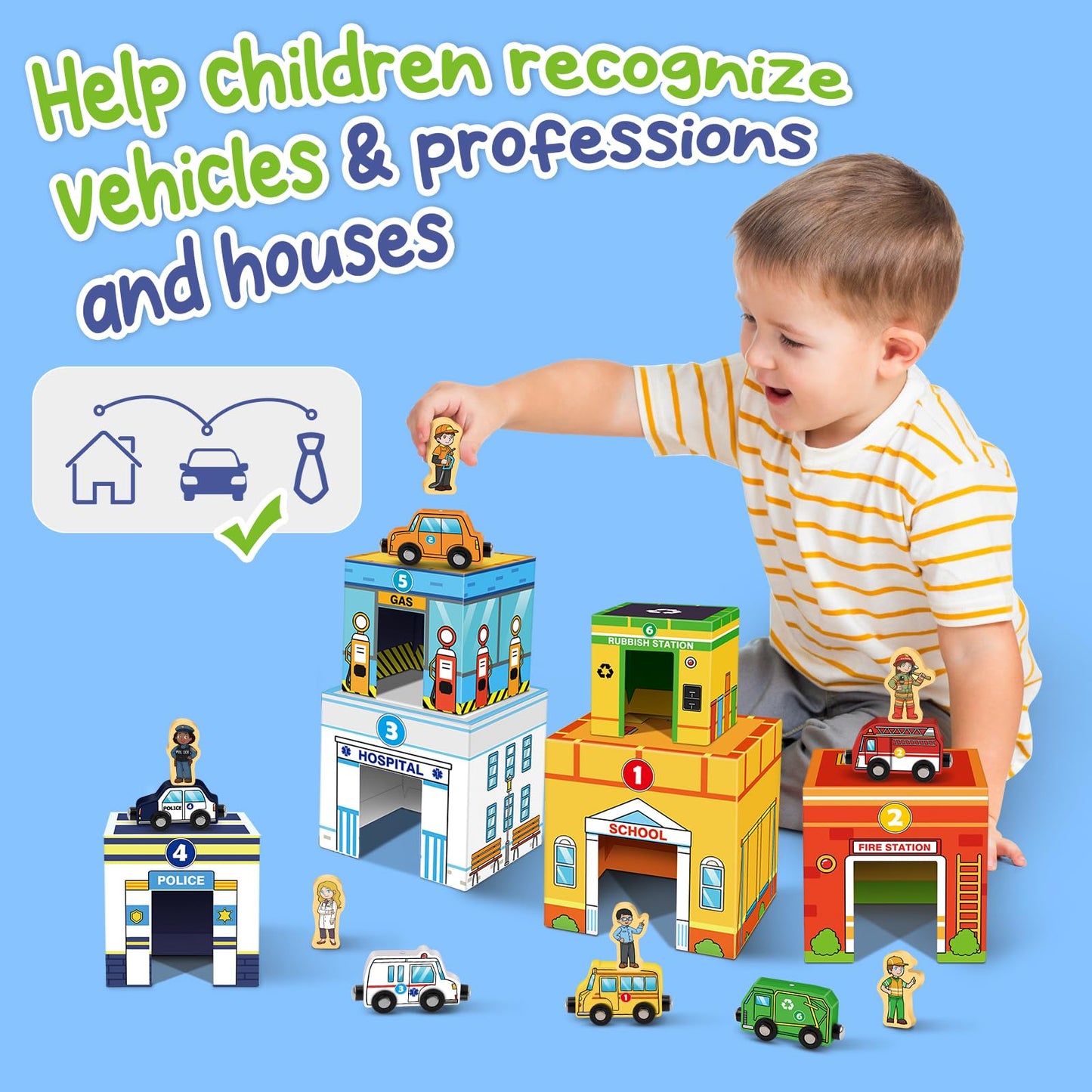 Aizweb Magnetic Wooden Vehicle Stacking Set,Sorting & Building STEM Blocks Cars Toys for Toddlers,Cardboard Educational Preschoo