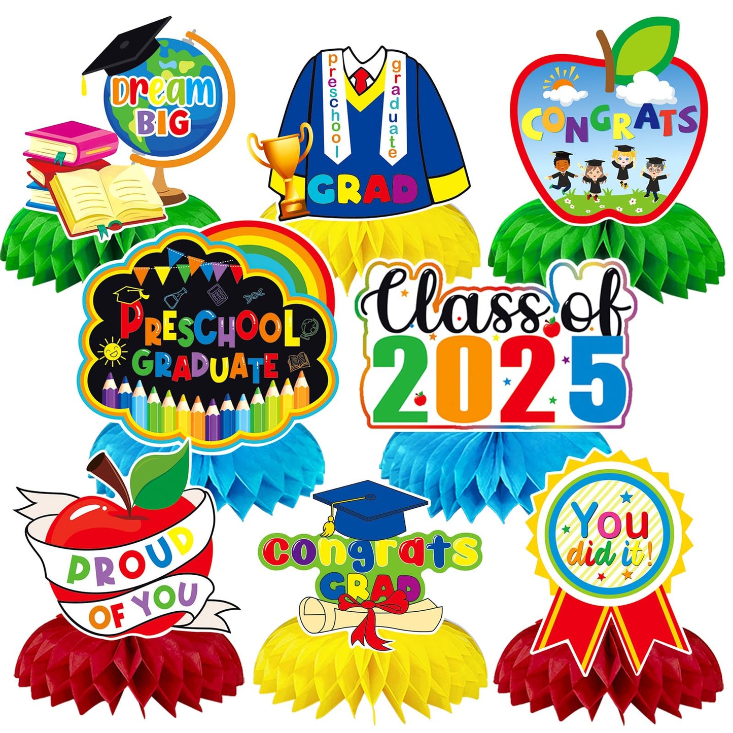 JULMELON 8PCS Preschool Graduation Party Decorations 2025 Honeycomb Centerpiece, 3D Kindergarten Graduations Centerpieces for Ta