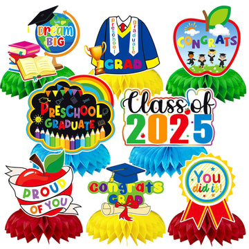 JULMELON 8PCS Preschool Graduation Party Decorations 2025 Honeycomb Centerpiece, 3D Kindergarten Graduations Centerpieces for Ta