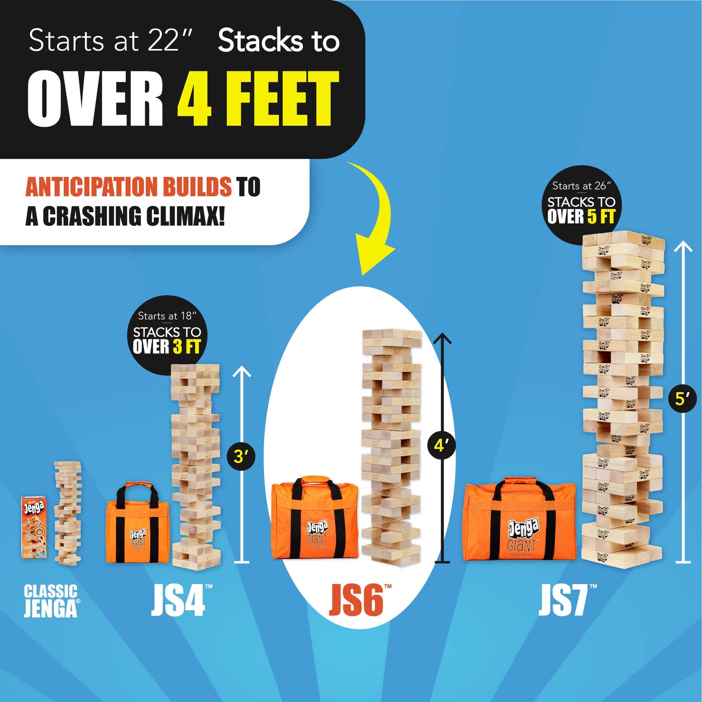 Jenga Giant Stacking Game - Officially Licensed - Natural Wood - 4 Feet Tall - Model JS6