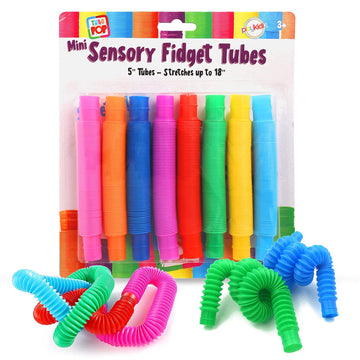 Playkidiz Pop Tubes, 8 Pack Mini 5' Sensory Fidget Tubes, Stretch Up To 18' Long, Stress Reliever Pipe Toy, Popular Plastic Fidget Tubes For Boys And Girls, Ages 3+