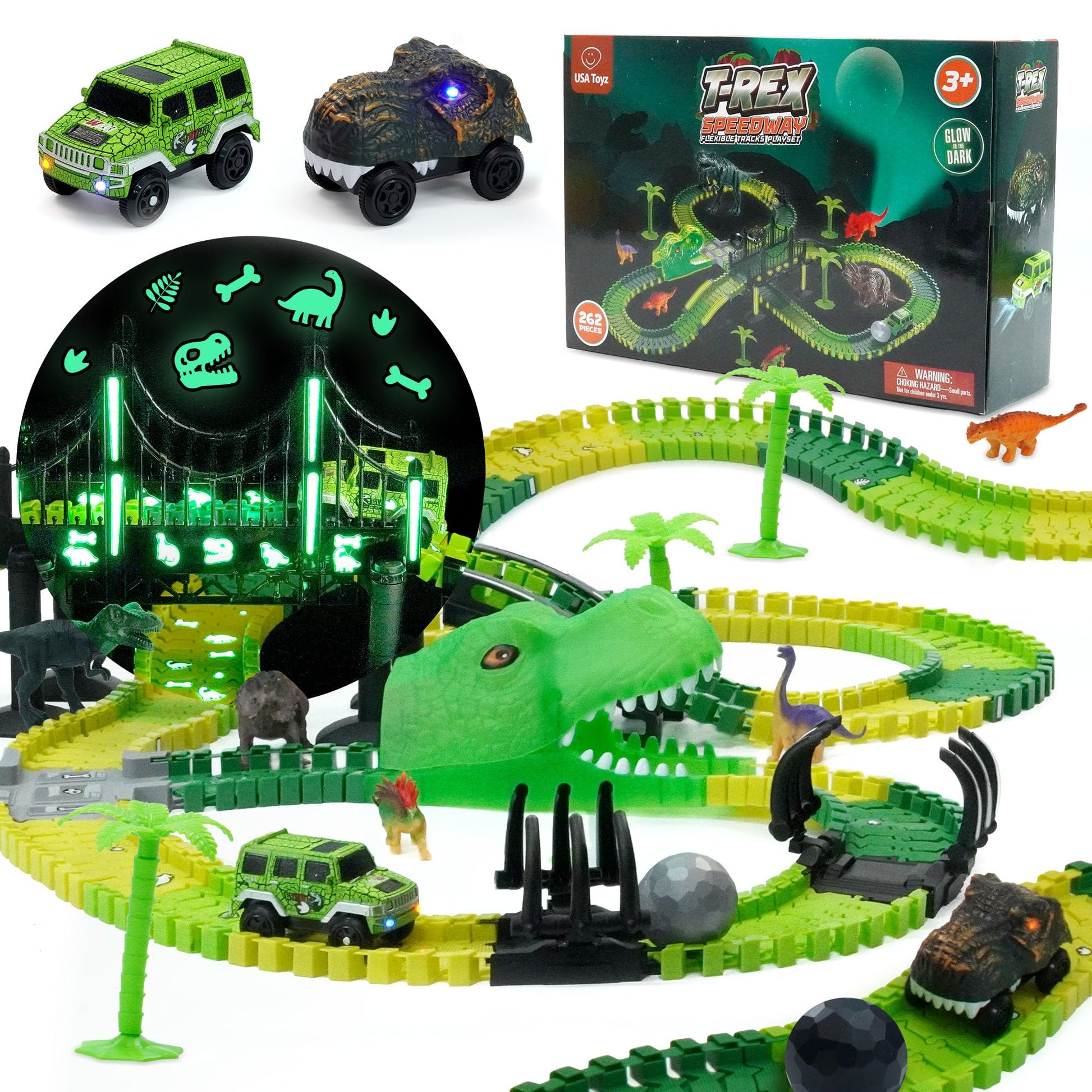 USA Toyz Dinosaur Race Tracks for Kids- 262pk Speedway Dino Race Car Track Set with 225 Flexible Roads, 2 LED Toy Cars, Glow in 