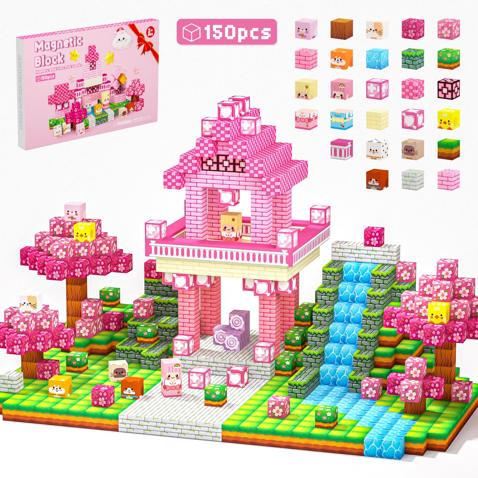 Laoren Magnetic Building Blocks, STEM Toys Educational Magnet Cubes for Kids Ages 4-12 (Pink Castle-150pcs)