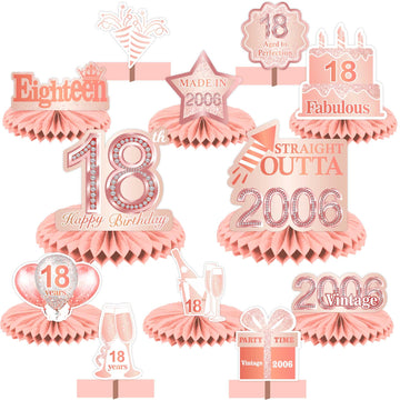 Happy 18Th Birthday Rose Gold Table Honeycomb Centerpieces Balloons Theme Decor Table Decorations Table Toppers For Girls Women Sweet Princess 18 Years Old Pink Birthday Party Bday Supplies Ornament