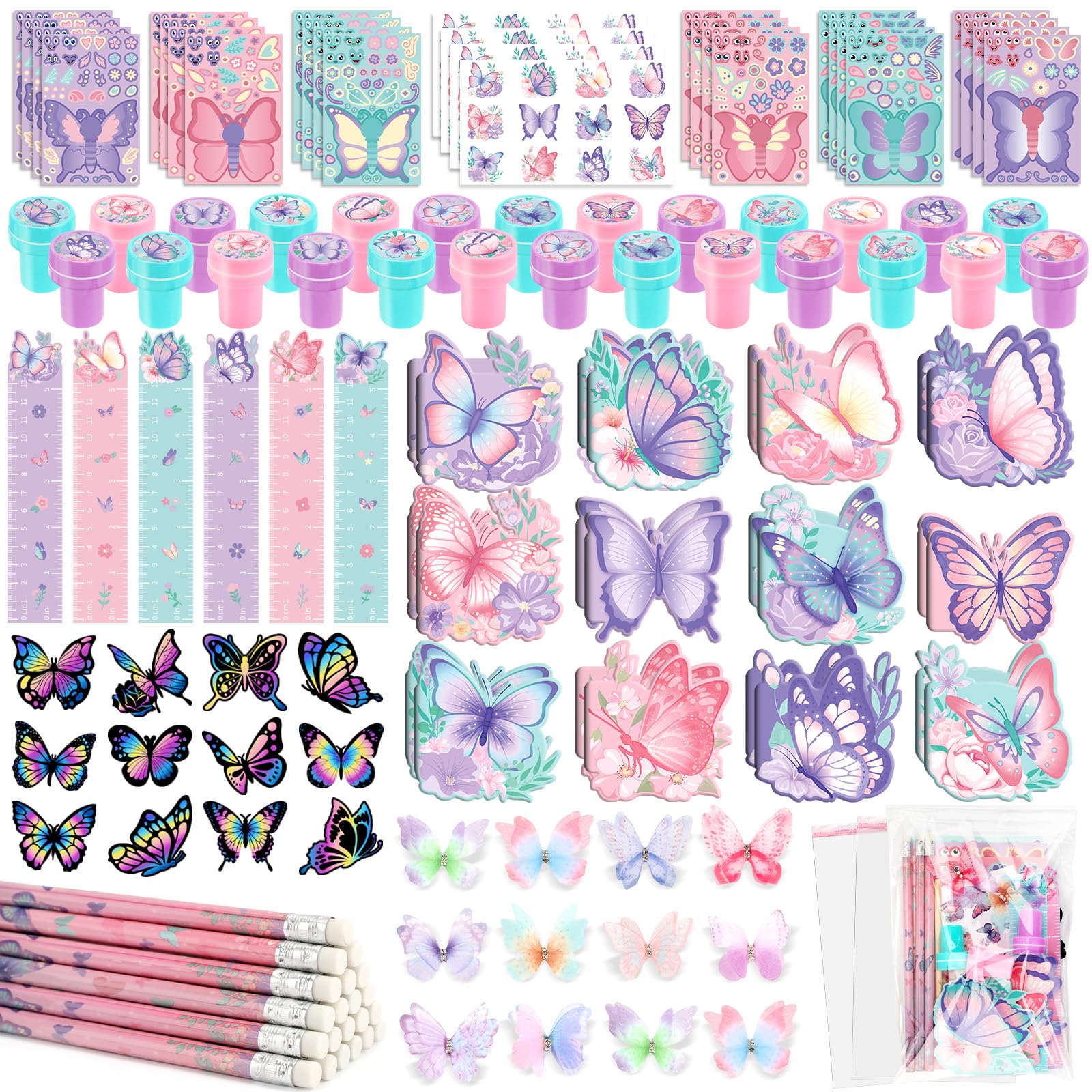 BenLouis 216Pcs Butterfly Party Favors Butterfly Fairy School Stationery Set Bulk for Kids Spring Flower Tea Birthday Birthday G