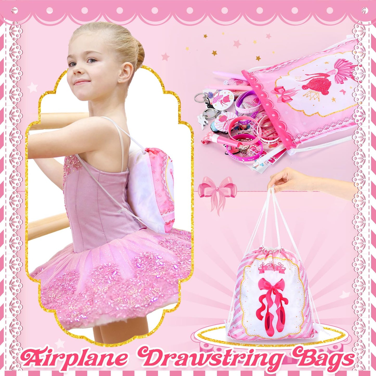 Yeaqee 98 Pcs Ballerina Party Favors Include Ballet Drawstring Backpacks Silicone Bracelets Keychains Blowouts Small Spiral Note