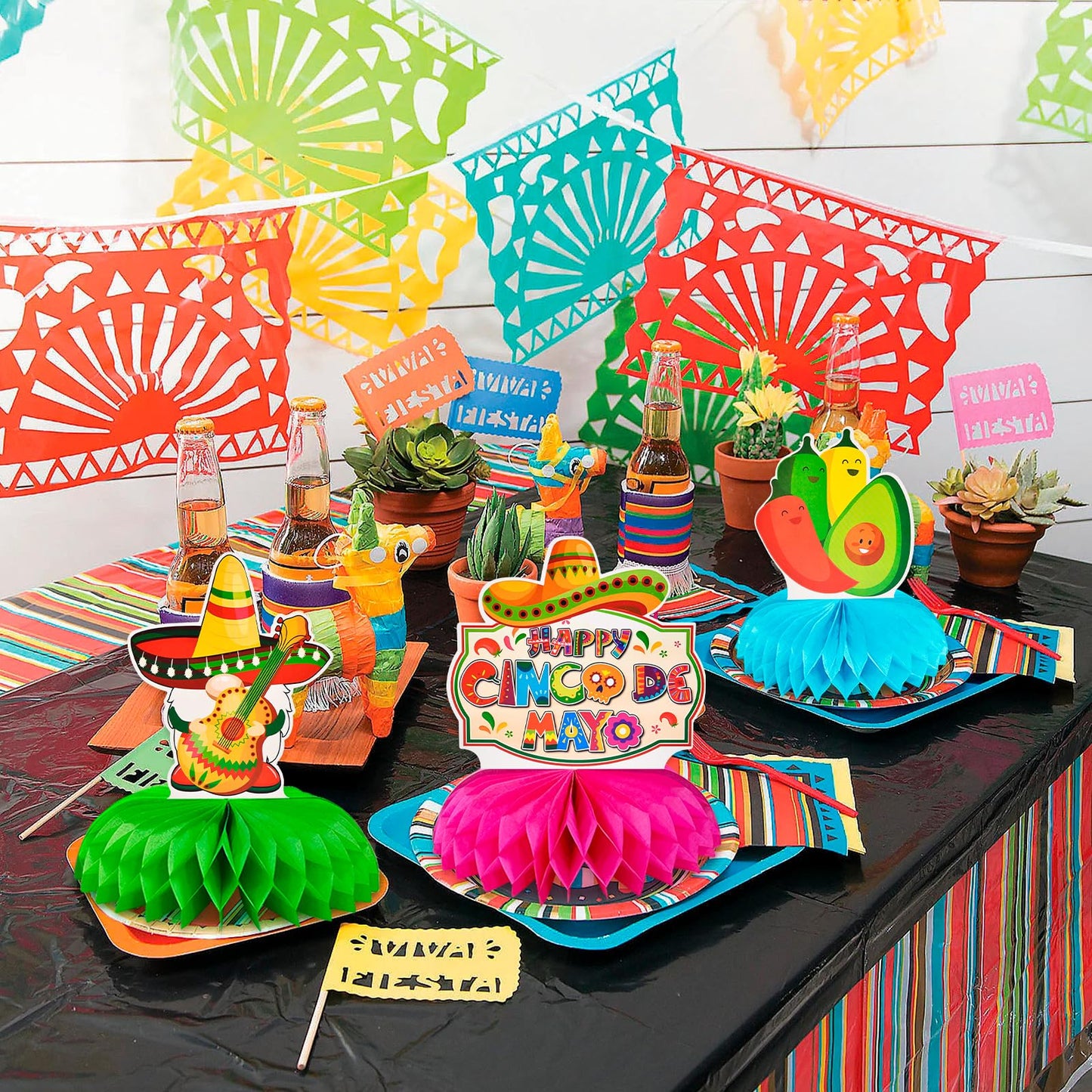 9 Pieces Cinco De Mayo Festival Honeycomb Centerpieces Table Decor, Mexican Fiesta Vibrant Cactus, Piata, Taco And Sombrero Patt