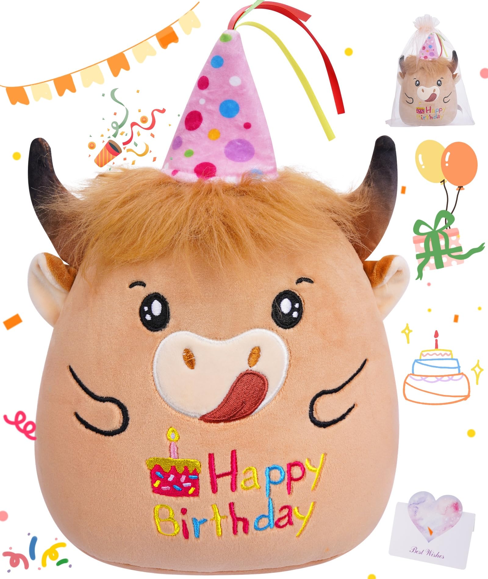 Leyoha Highland Cow Birthday Stuffed Animal - 15 Inch Cow Plush Gifts For Kids Girl Sister Daughter Birthday Doll Toys Decoratio