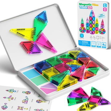 Meiq 42Pcs Mini Magnetic Tiles Travel Set With Iron Storage Box - Portable Stem Building Blocks For Kids 3-8, Montessori Educati