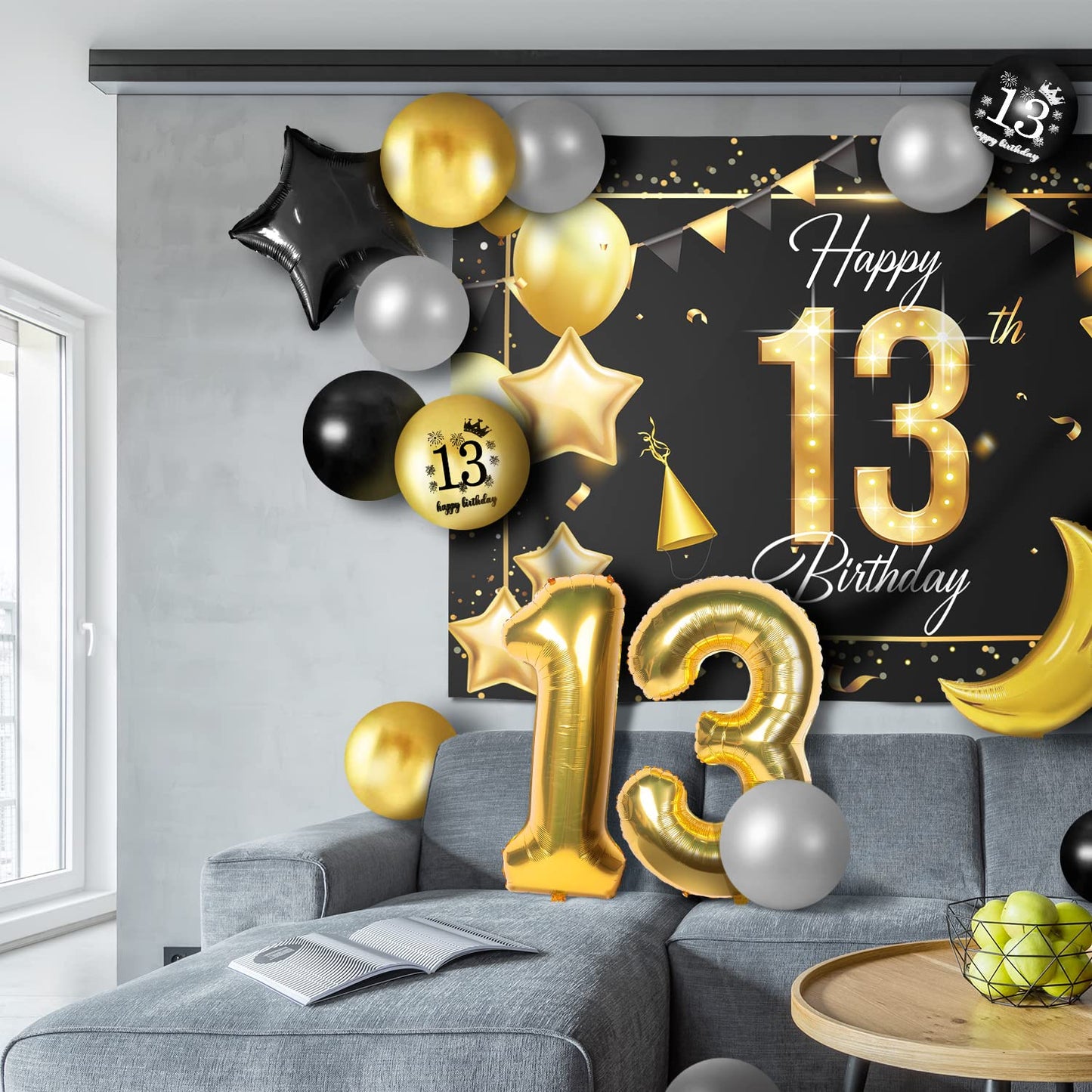 Happy 13Th Birthday Balloons Gold Set Decor - Cheers To 13 Years Old Party Theme Garland Star Moon Banner Backdrop Decorations F