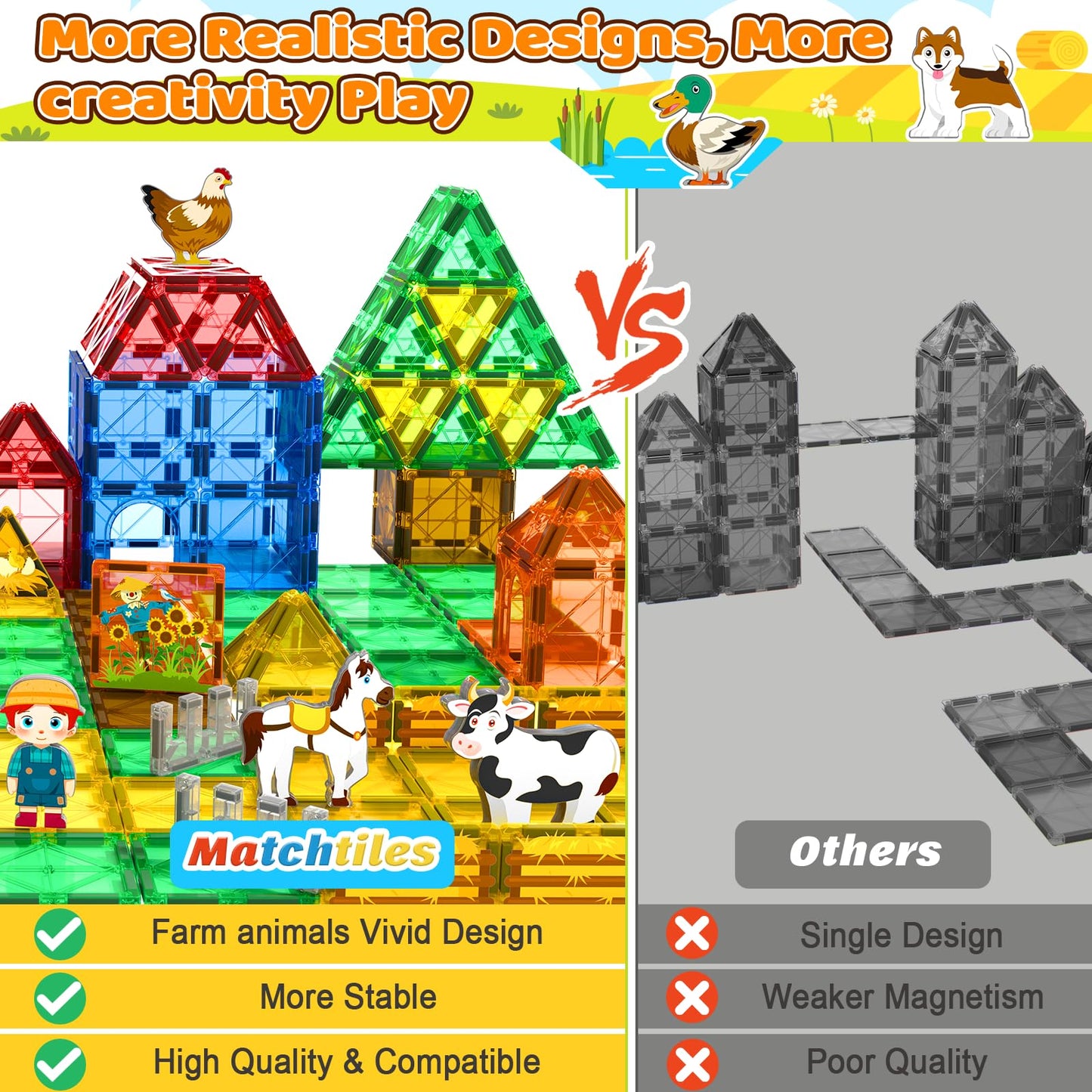 Magnetic Tiles Toys With Farm Animals For 3+ Year Old Toddler, Magnetic Blocks Building Toys For Kids Ages 3-5 5-7 Girls Boys, C