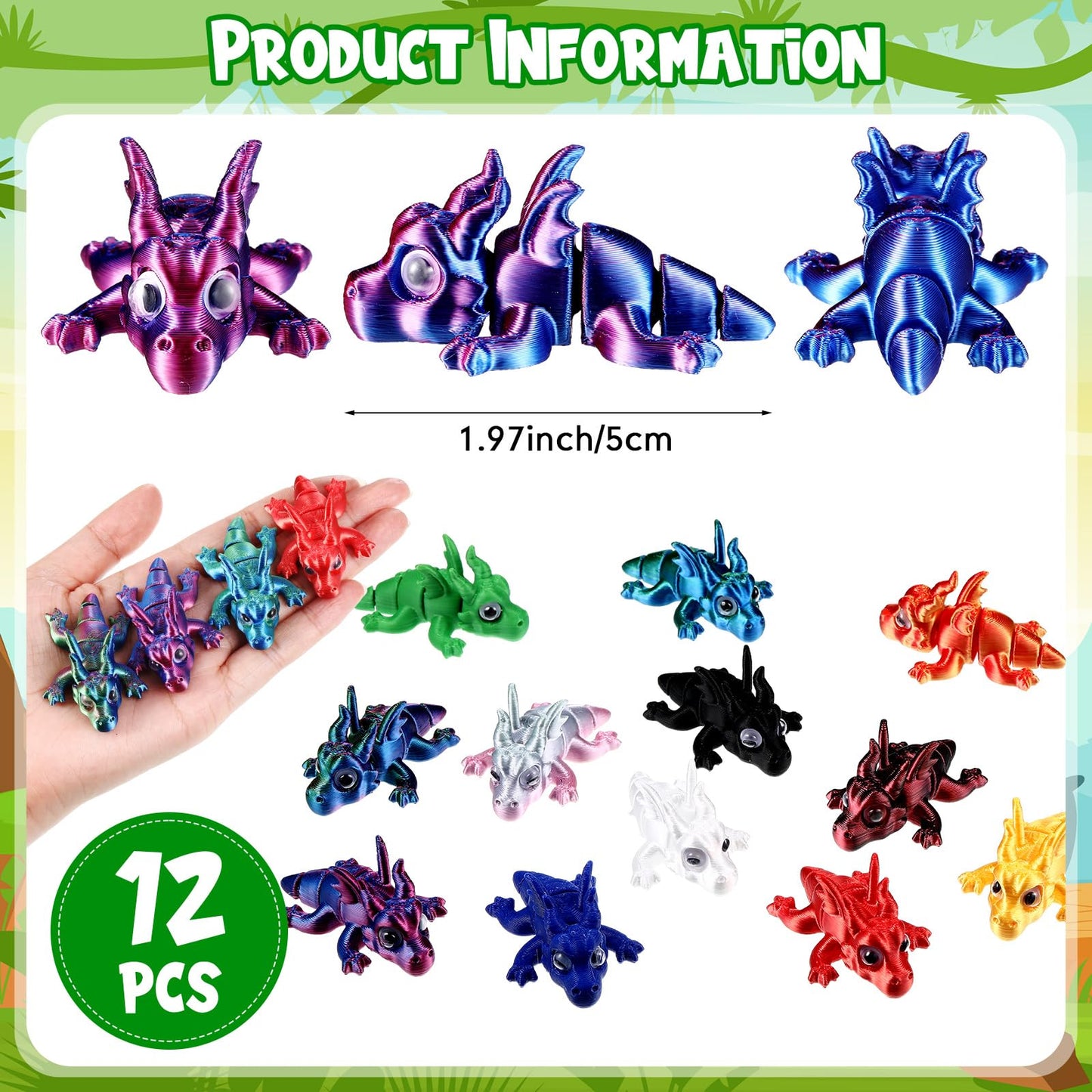 Honoson 12 Pcs 3D Printed Fidget Toy 3D Printed Chinese Dragon Small Animal Toy Flexible Cute Articulating Pet Stress Relief Fid