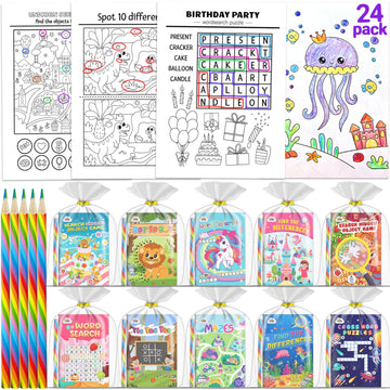 ZMLM 24 Pack Activity Books Party Favors for Kids - with 24 Colored Pencils Mini Puzzles Mazes Word Search Activity Books Bulk f
