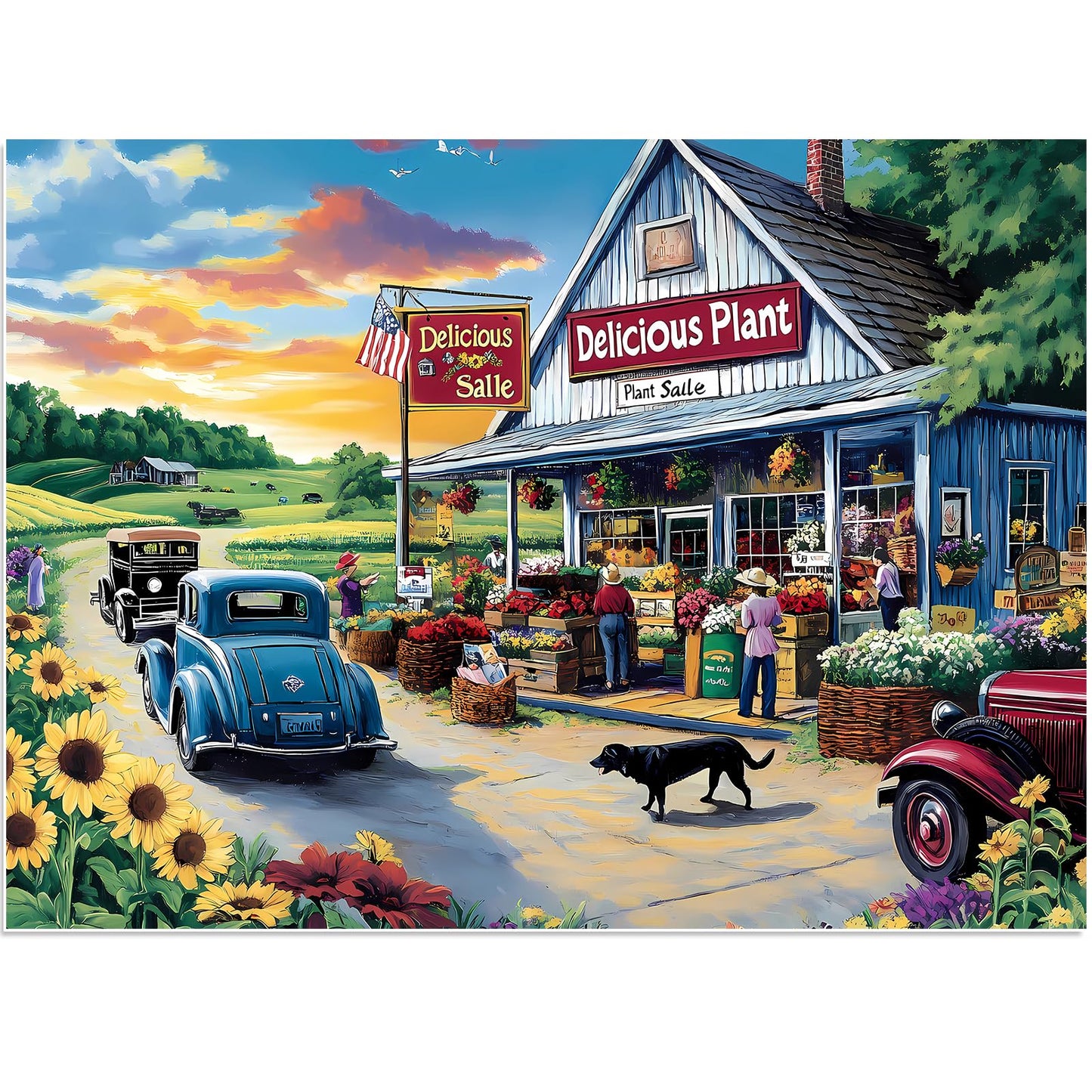 500 Piece Puzzles for mature-themeds  Sunflower Field with Car House & American Flag Jigsaw Puzzles 20.5 x 15 in  Relaxing Country Jigsaw Puzzle  Challenging Puzzle Perfect Game Gift for Holidays & Family Fun