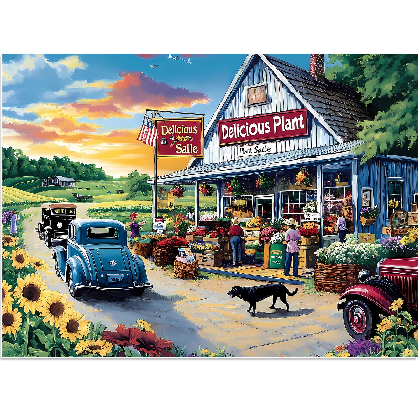 500 Piece Puzzles for mature-themeds  Sunflower Field with Car House & American Flag Jigsaw Puzzles 20.5 x 15 in  Relaxing Country Jigsaw Puzzle  Challenging Puzzle Perfect Game Gift for Holidays & Family Fun