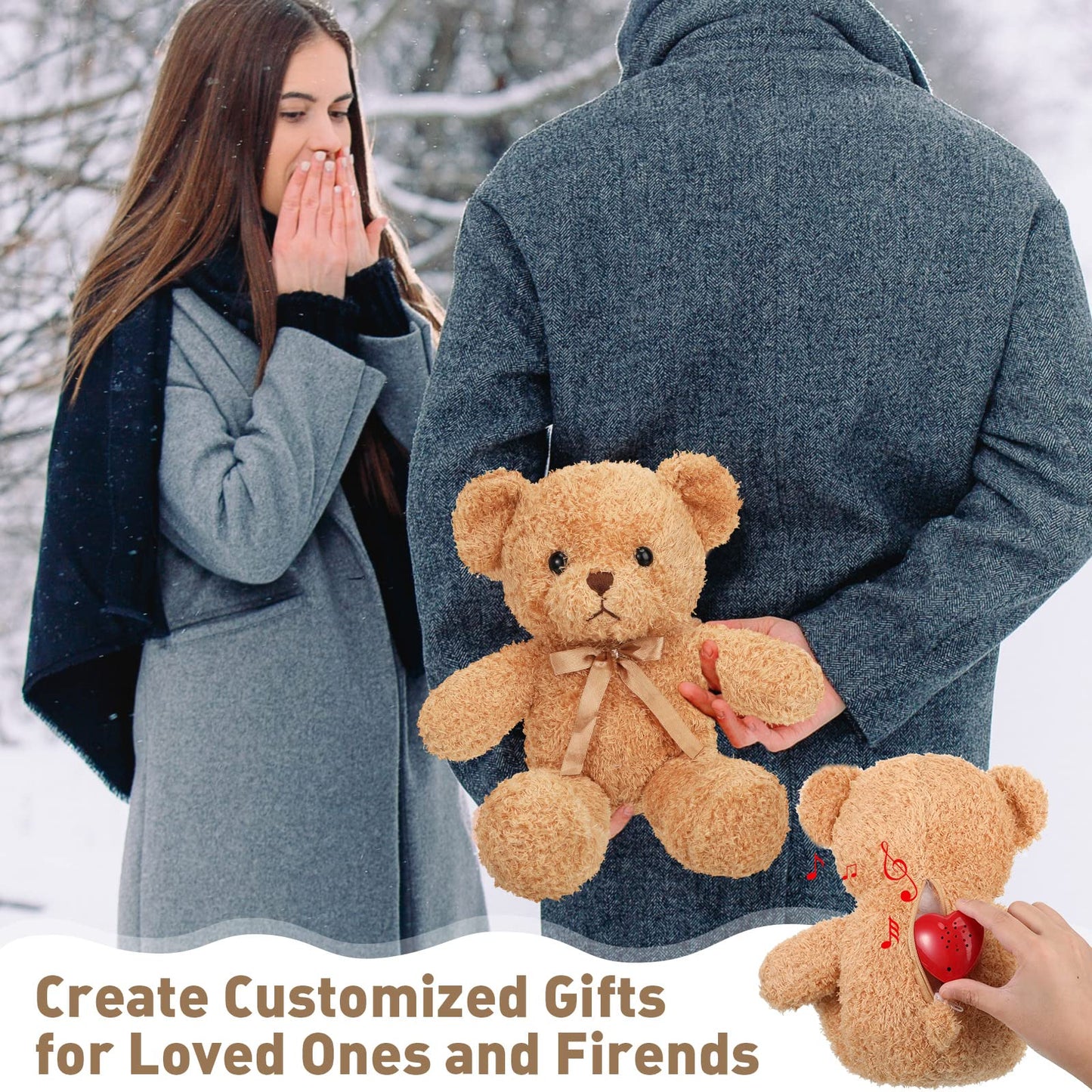 2 Pcs Bear Stuffed Animals With Voice Recorder Set, 60 Seconds Voice Sound Recorder Module 16 Inch Soft Plush Bear Cute Stuffed Bear With Zipper Sound Box Recordable Heart For Boys Girls (Light Brown)